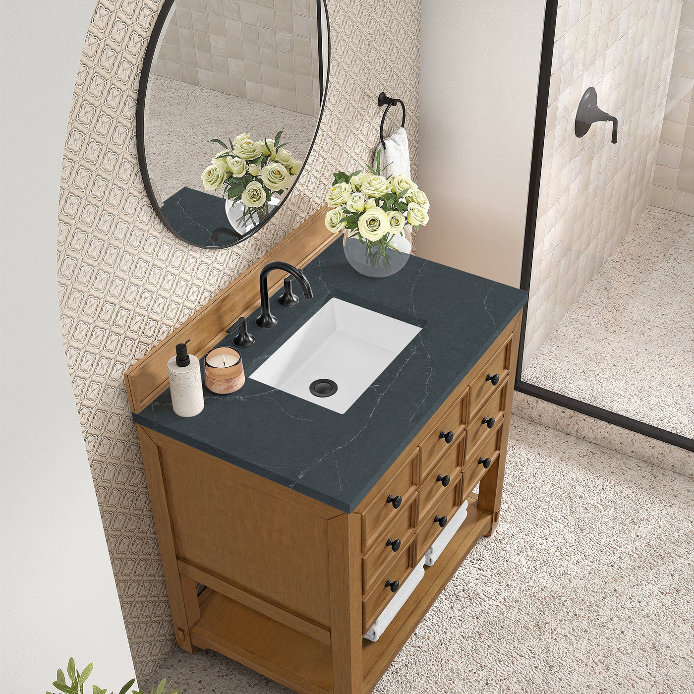 James Martin Malibu 36" Single Bathroom Vanity, Amber Birch with Charcoal Soapstone countertop