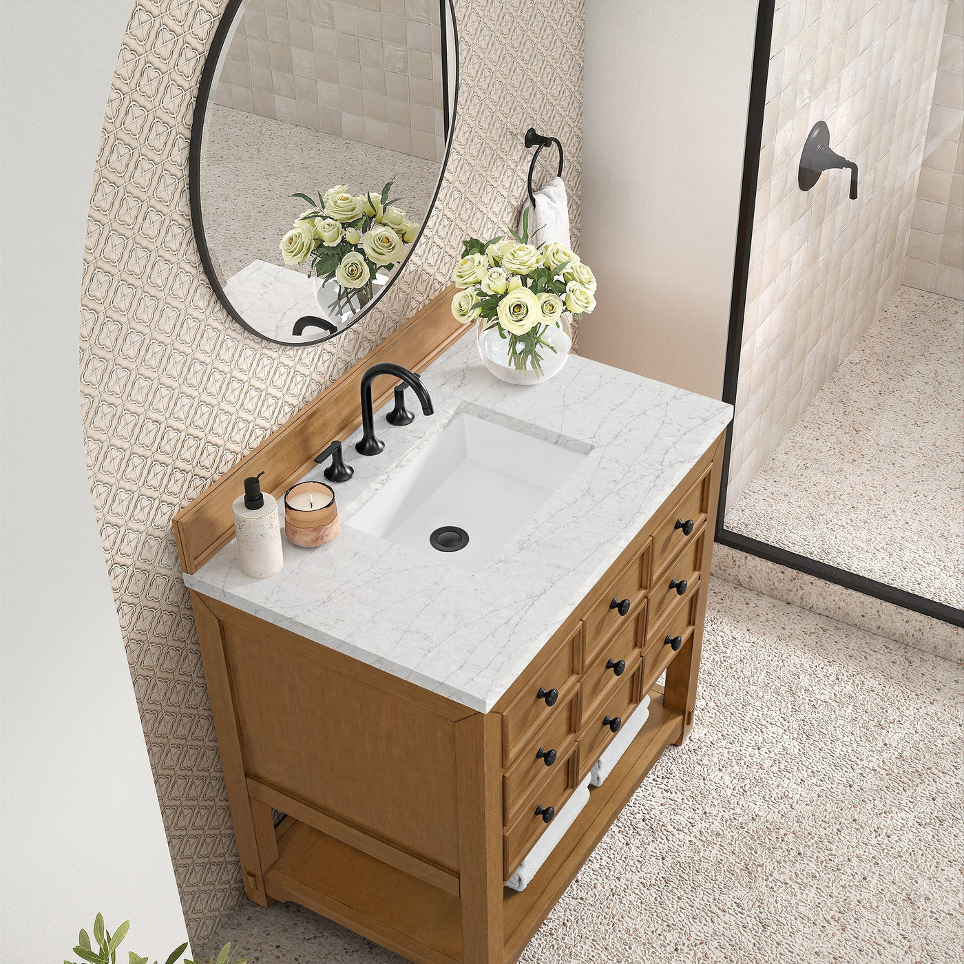 James Martin Malibu 36" Single Bathroom Vanity, Amber Birch with Eternal Jasmine Pearl countertop