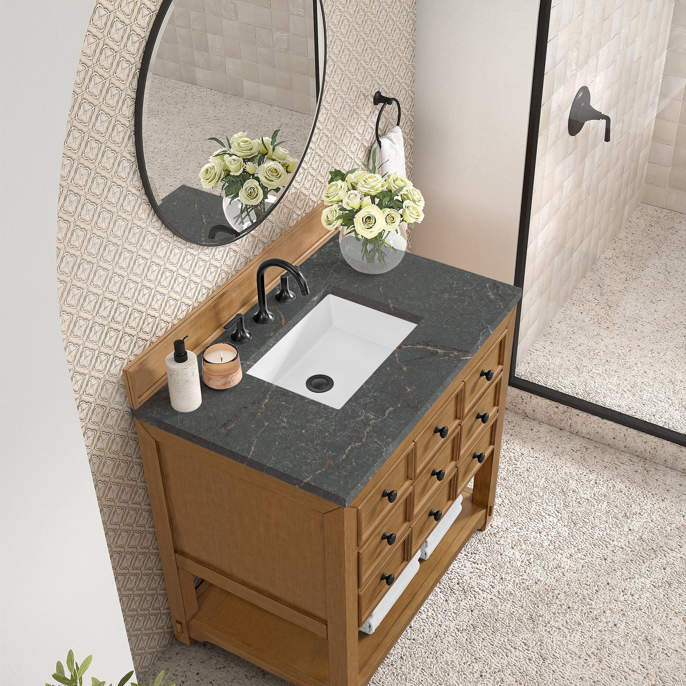 James Martin Malibu 36" Single Bathroom Vanity, Amber Birch with Parisien Bleu countertop