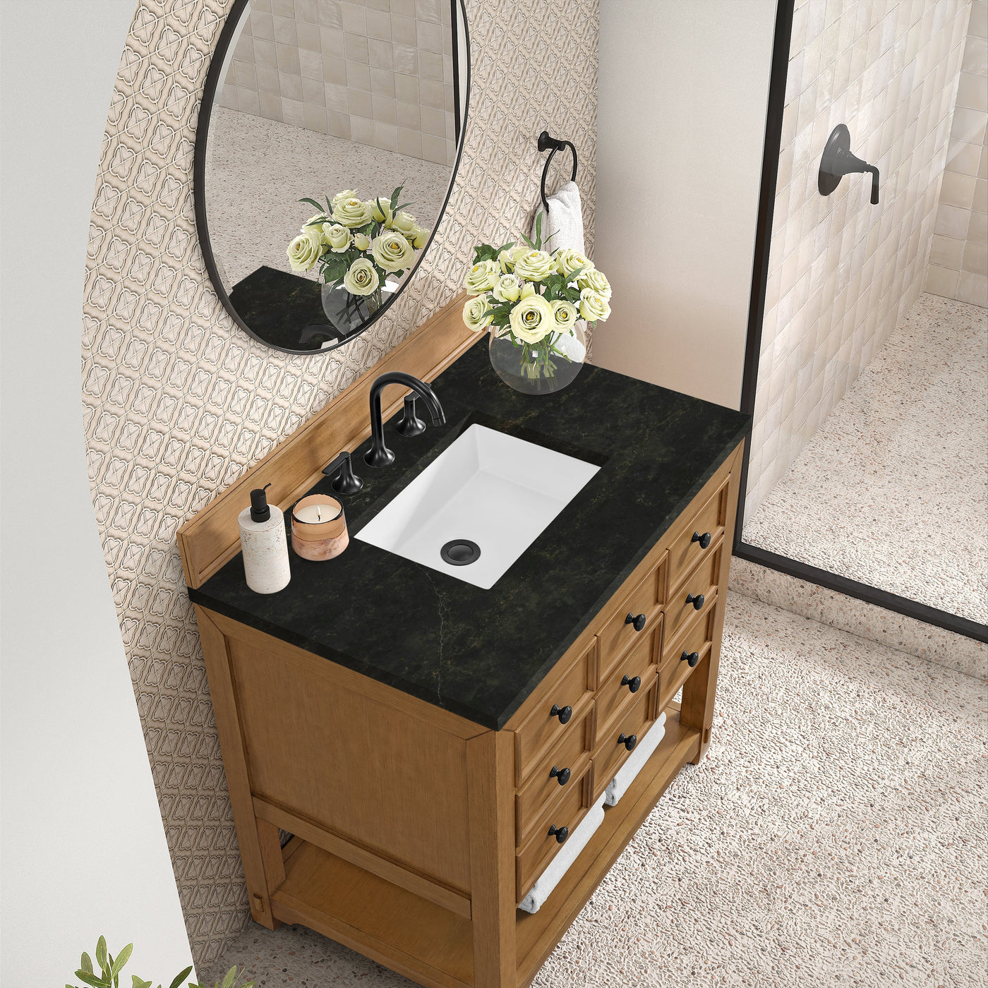 James Martin Malibu 36" Single Bathroom Vanity, Amber Birch with Phantome countertop