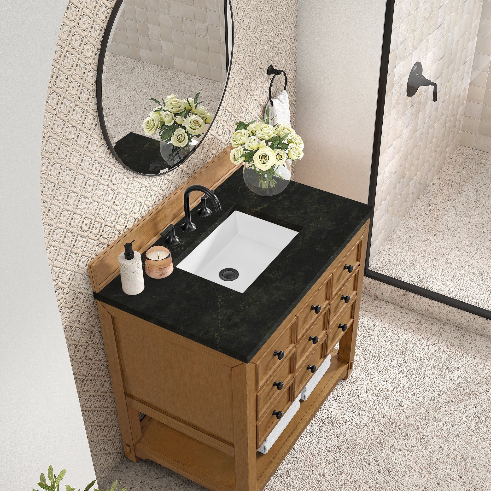 James Martin Malibu 36" Single Bathroom Vanity, Amber Birch with Phantome countertop