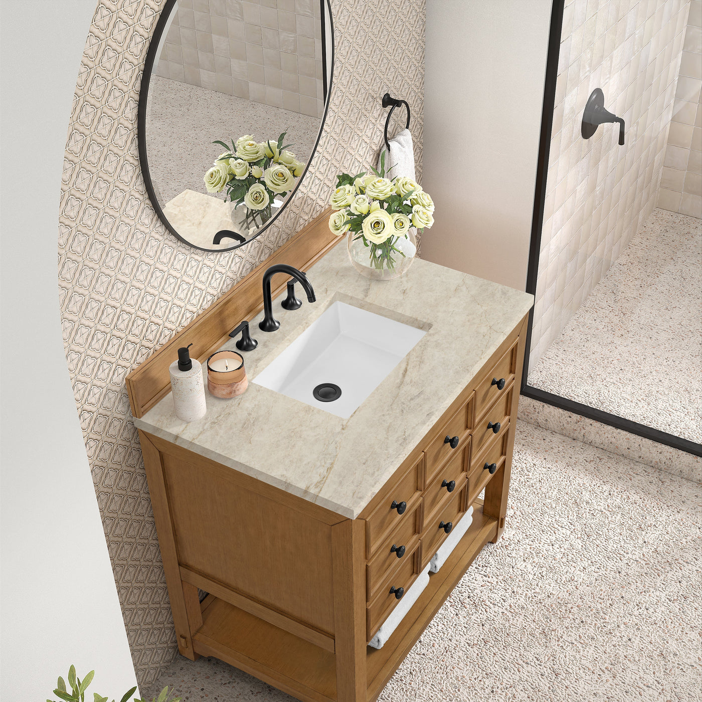 James Martin Malibu 36" Single Bathroom Vanity, Amber Birch with Tajnar countertop