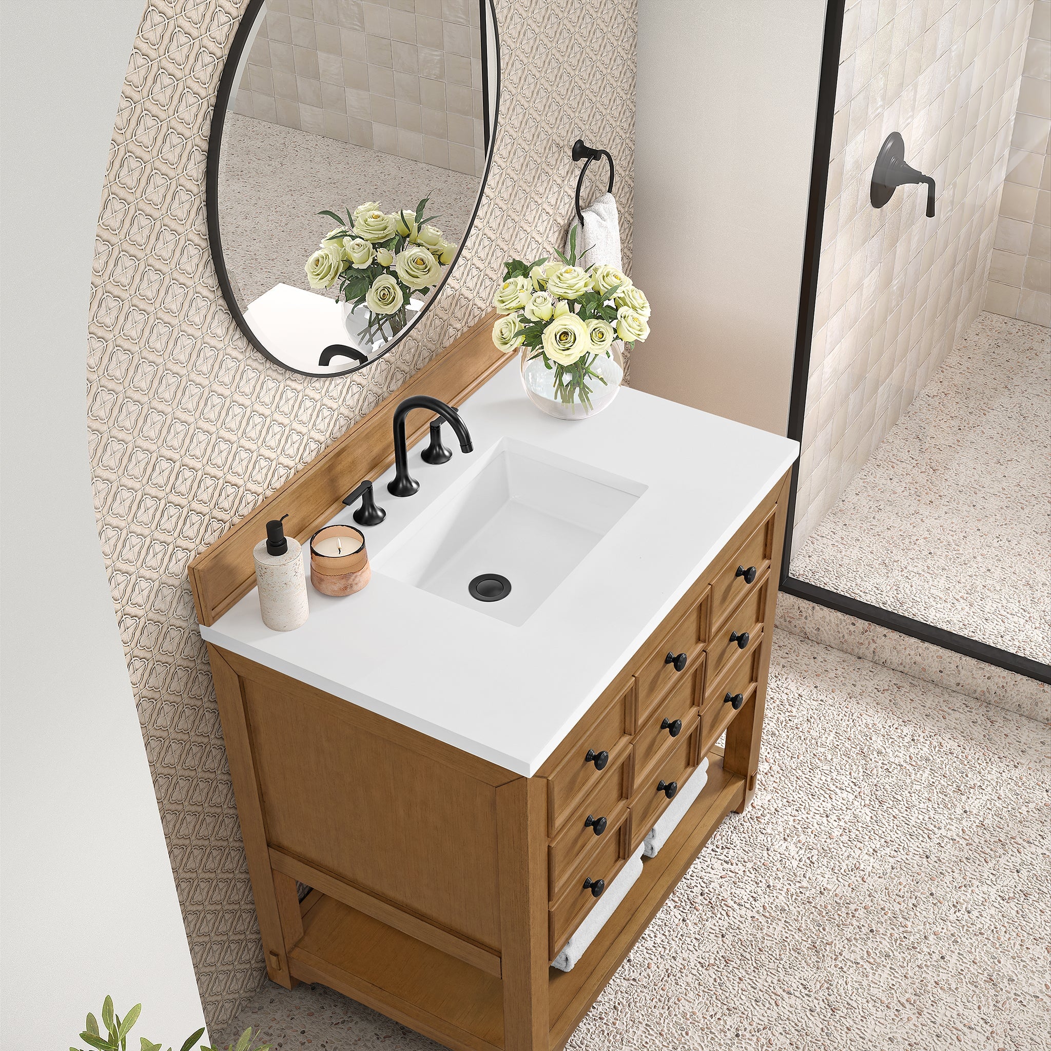 James Martin Malibu 36" Single Bathroom Vanity, Amber Birch with White Zeus countertop