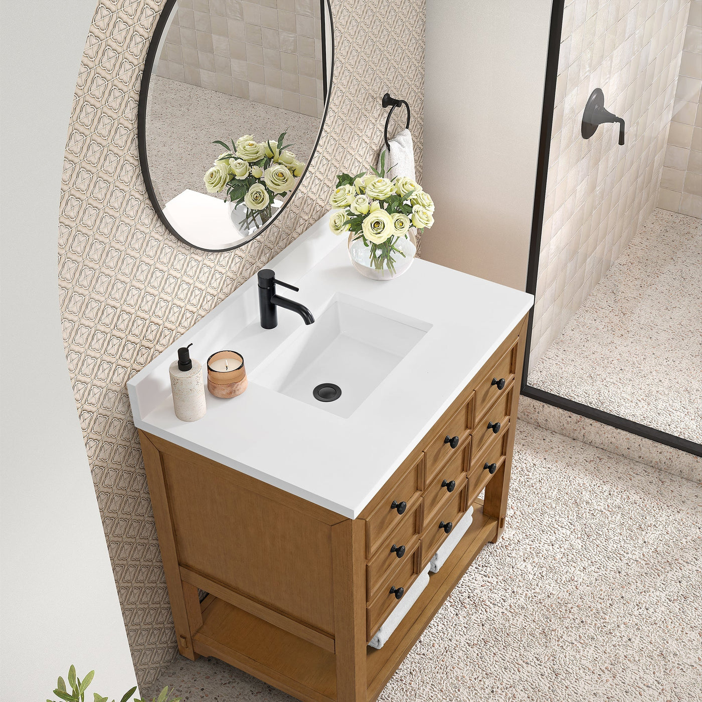 James Martin Malibu 36" Single Bathroom Vanity, Amber Birch with White Zeus (Single Hole, with Backsplash) countertop