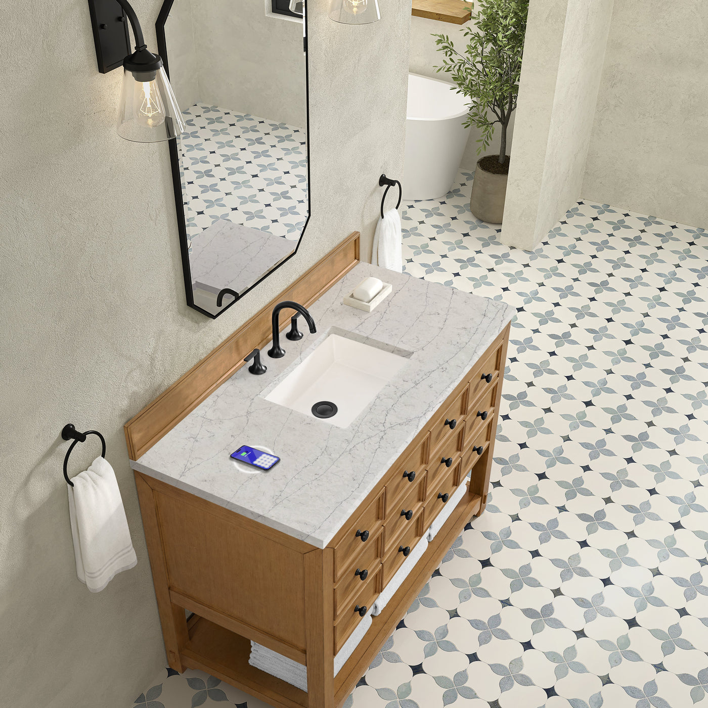 James Martin Malibu 48" Single Bathroom Vanity, Amber Birch with Eternal Jasmine Pearl (FreePower) countertop