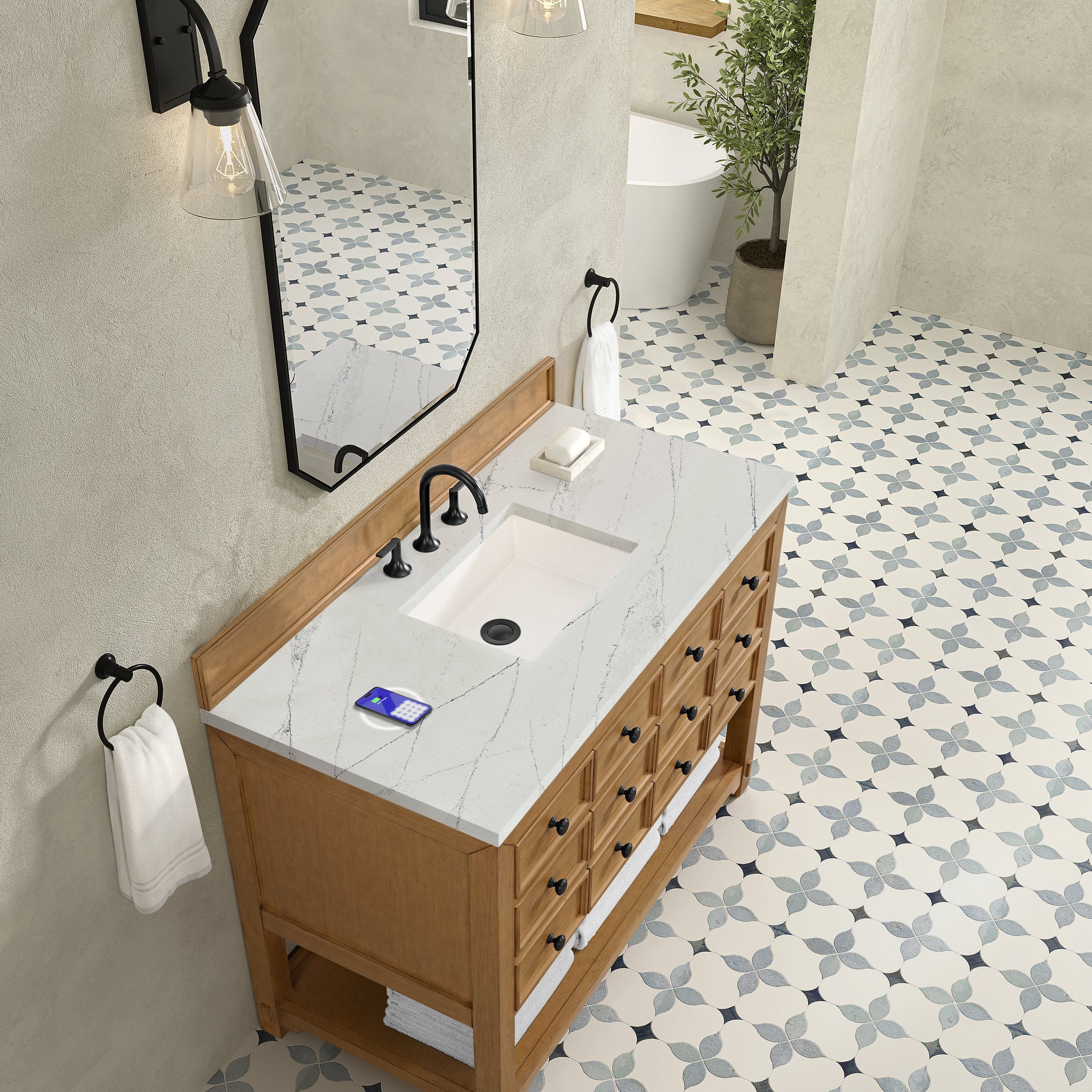 James Martin Malibu 48" Single Bathroom Vanity, Amber Birch with Ethereal Noctis (FreePower) countertop