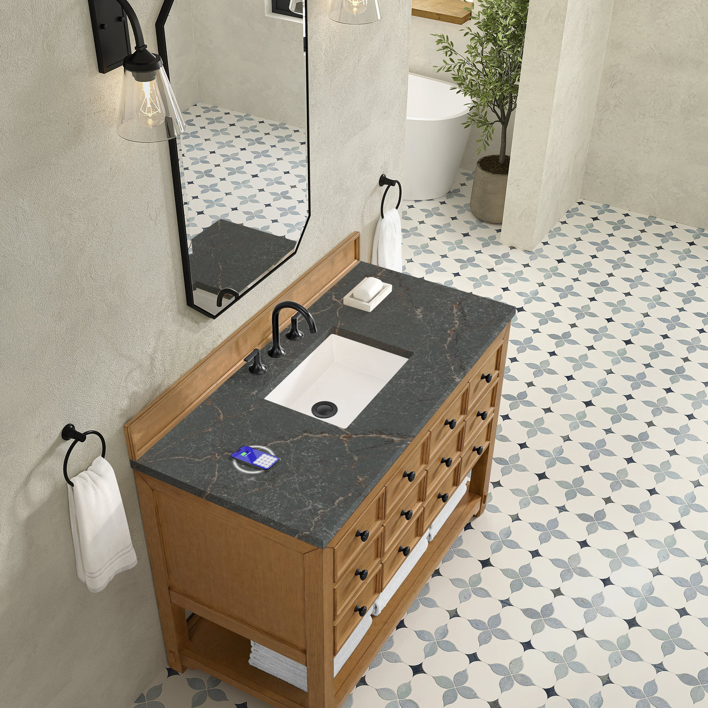 James Martin Malibu 48" Single Bathroom Vanity, Amber Birch with Parisien Bleu (FreePower) countertop