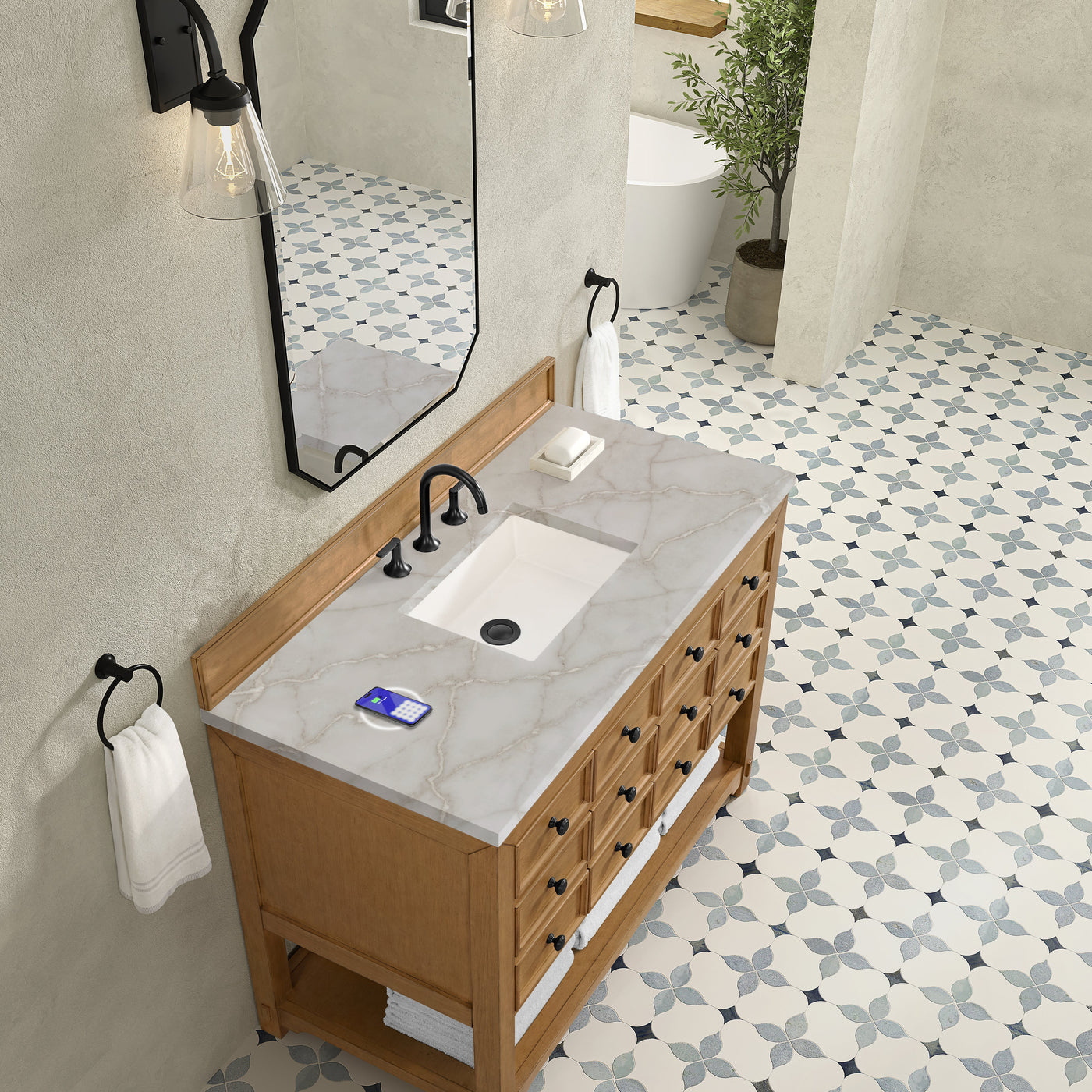 James Martin Malibu 48" Single Bathroom Vanity, Amber Birch with Victorian Silver (FreePower) countertop