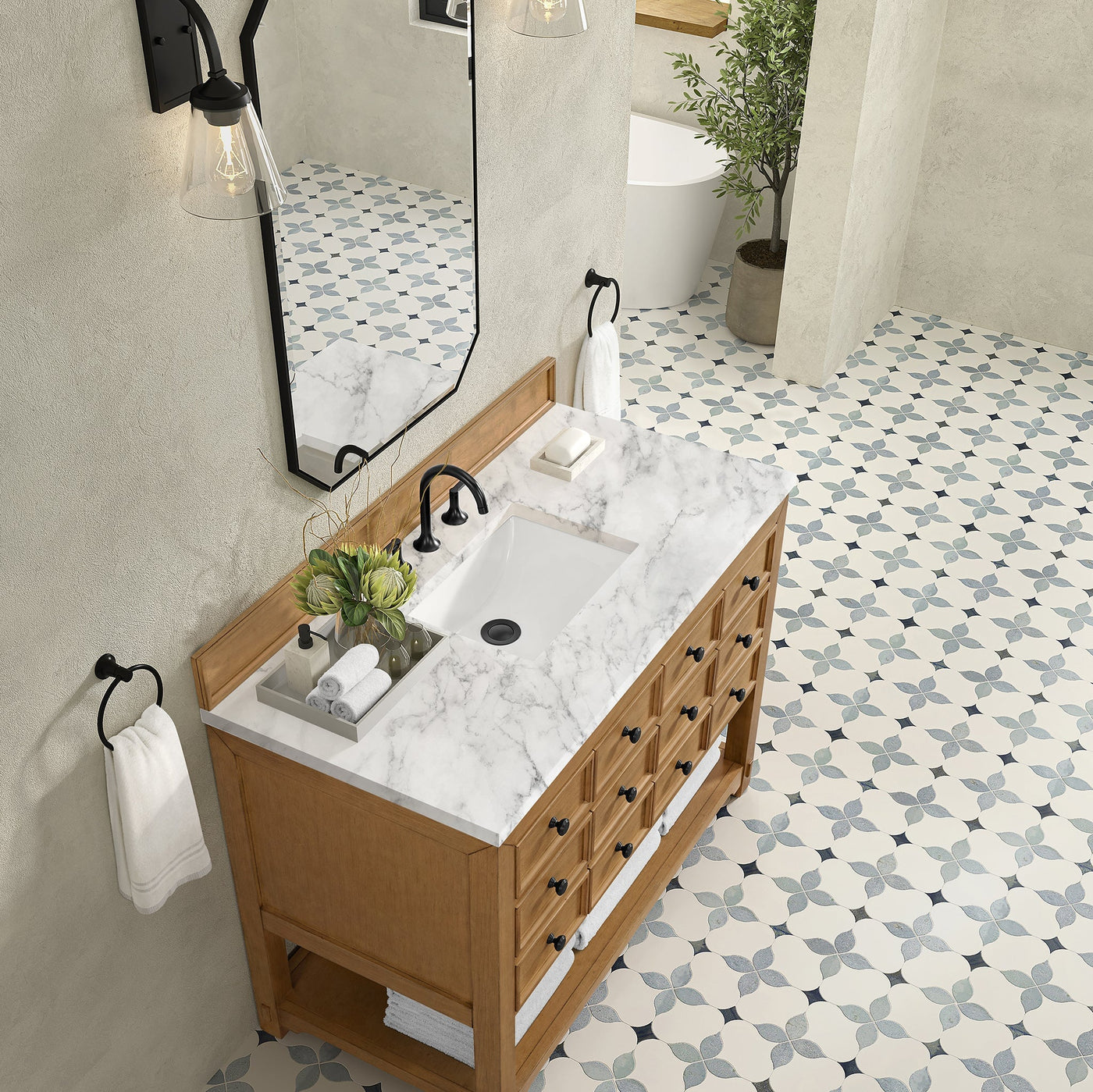 James Martin Malibu 48" Single Bathroom Vanity, Amber Birch with Carrara White countertop