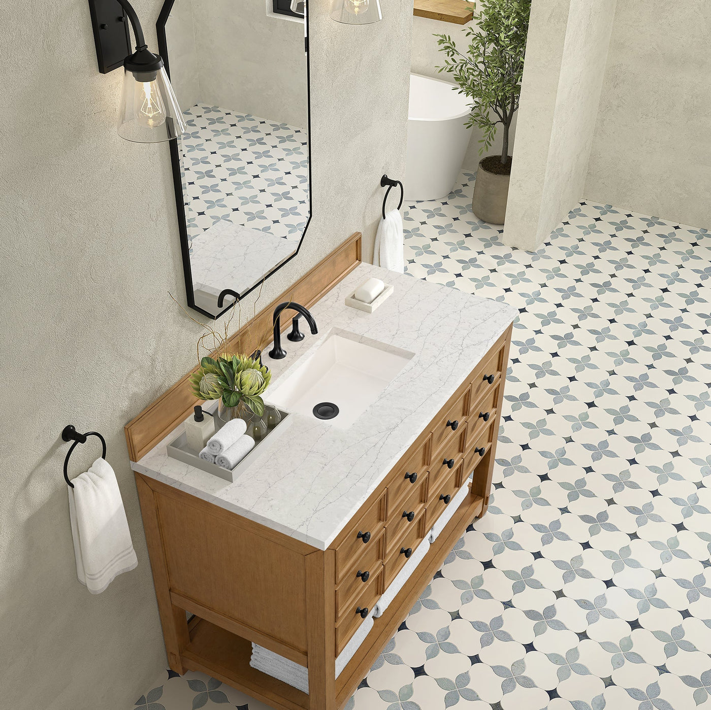 James Martin Malibu 48" Single Bathroom Vanity, Amber Birch with Eternal Jasmine Pearl countertop