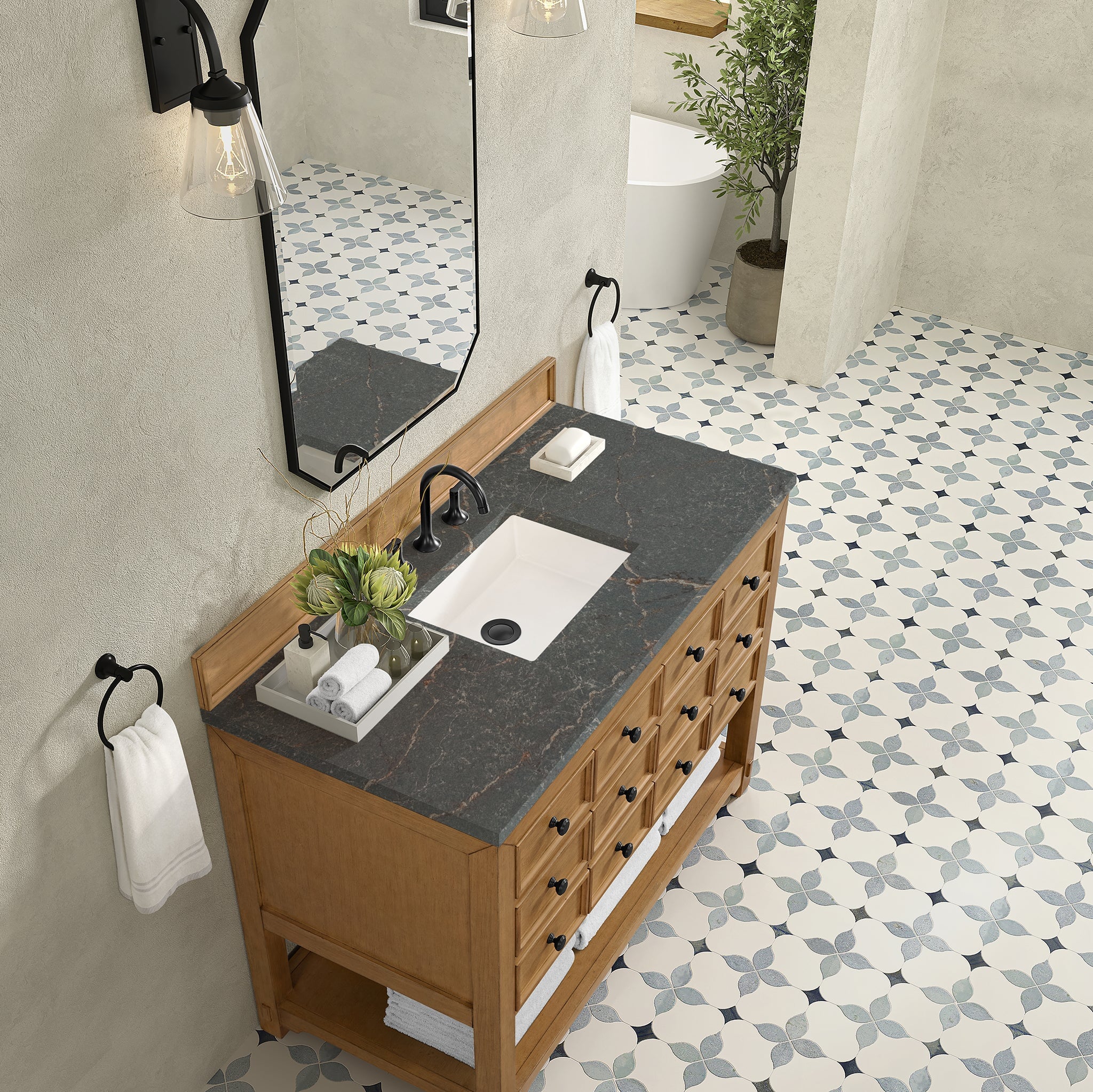James Martin Malibu 48" Single Bathroom Vanity, Amber Birch with Parisien Bleu countertop