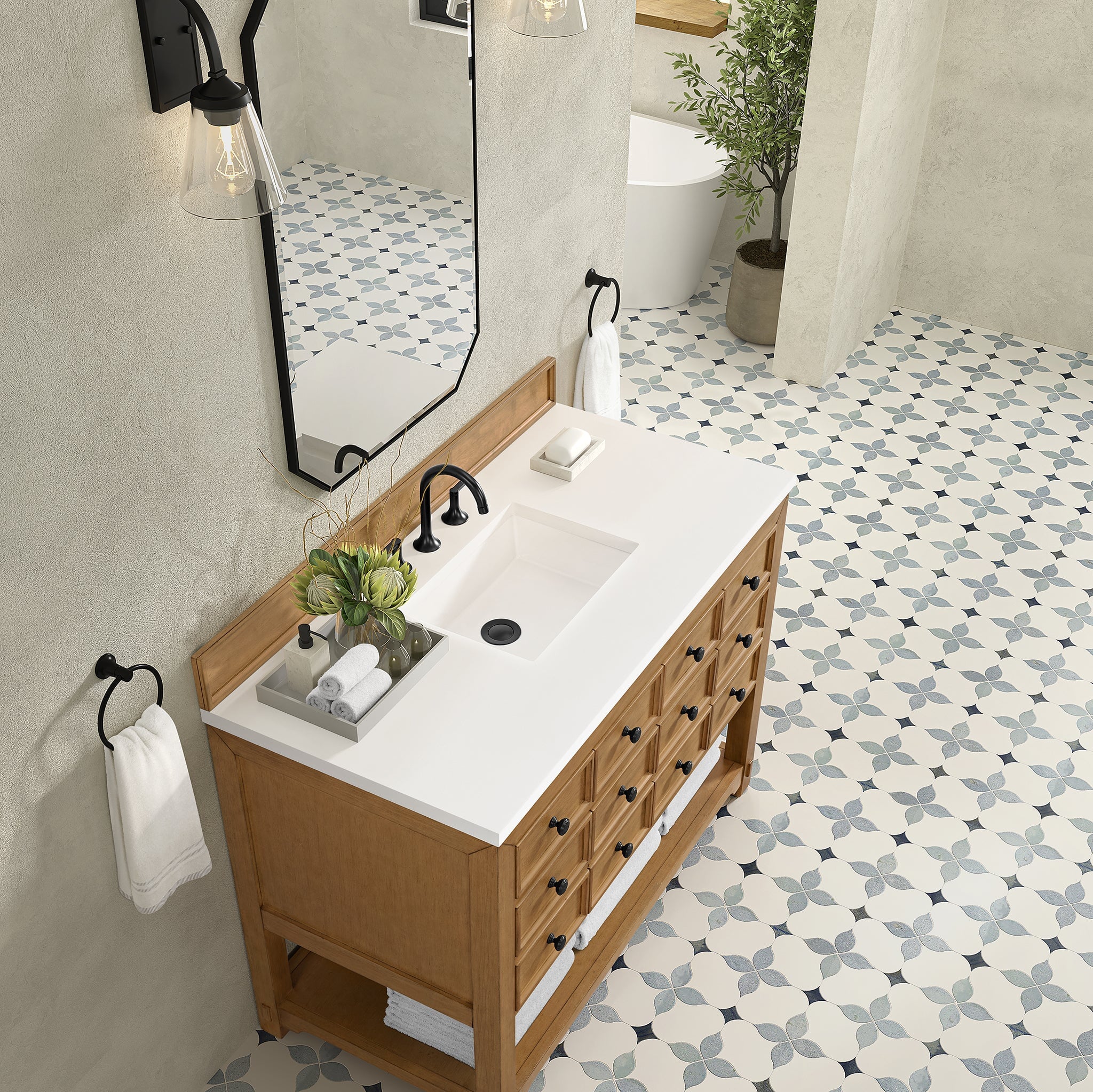 James Martin Malibu 48" Single Bathroom Vanity, Amber Birch with White Zeus countertop