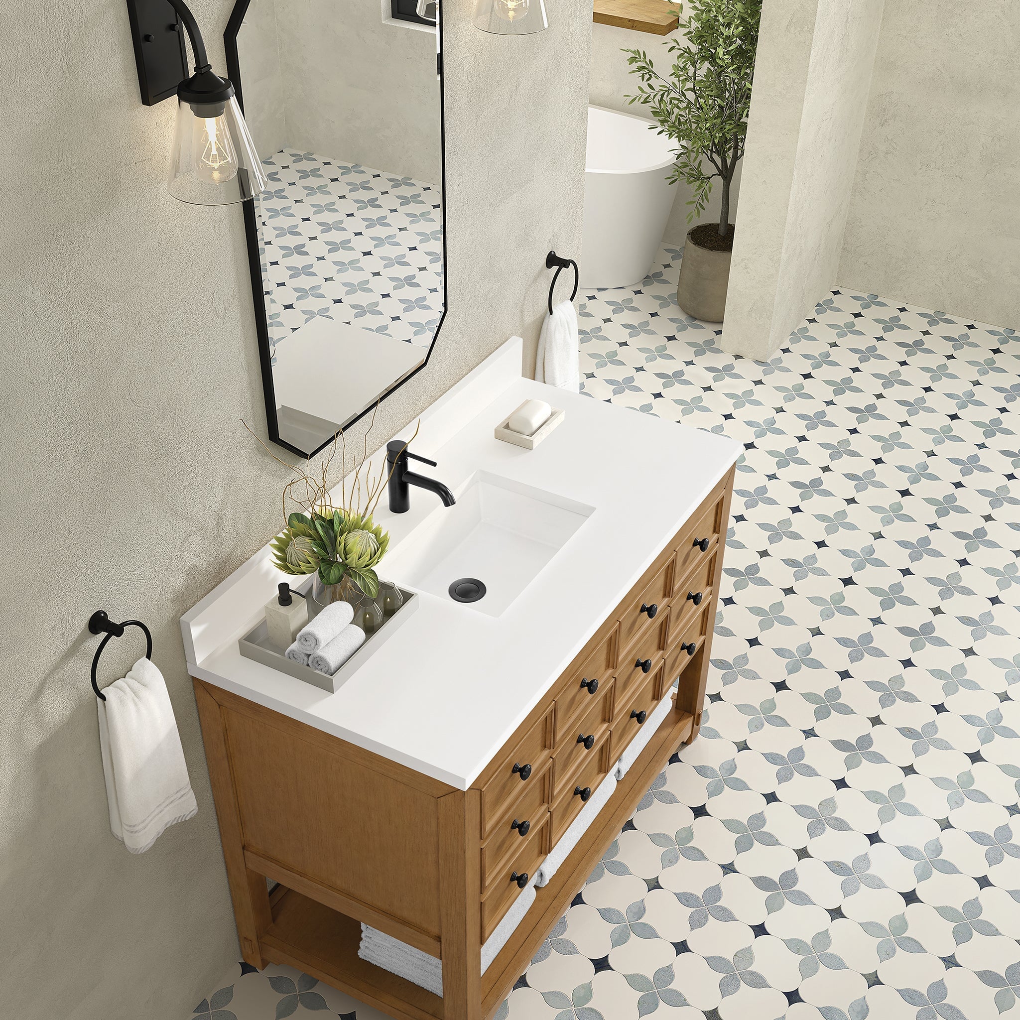 James Martin Malibu 48" Single Bathroom Vanity, Amber Birch with White Zeus (Single Hole, with Backsplash) countertop