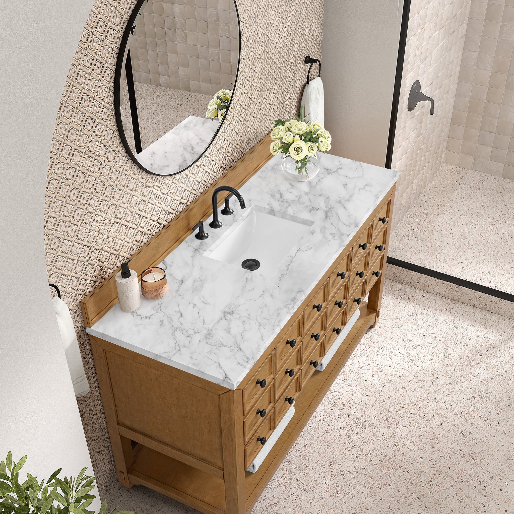 James Martin Malibu 60" Single Bathroom Vanity, Amber Birch with Carrara White countertop