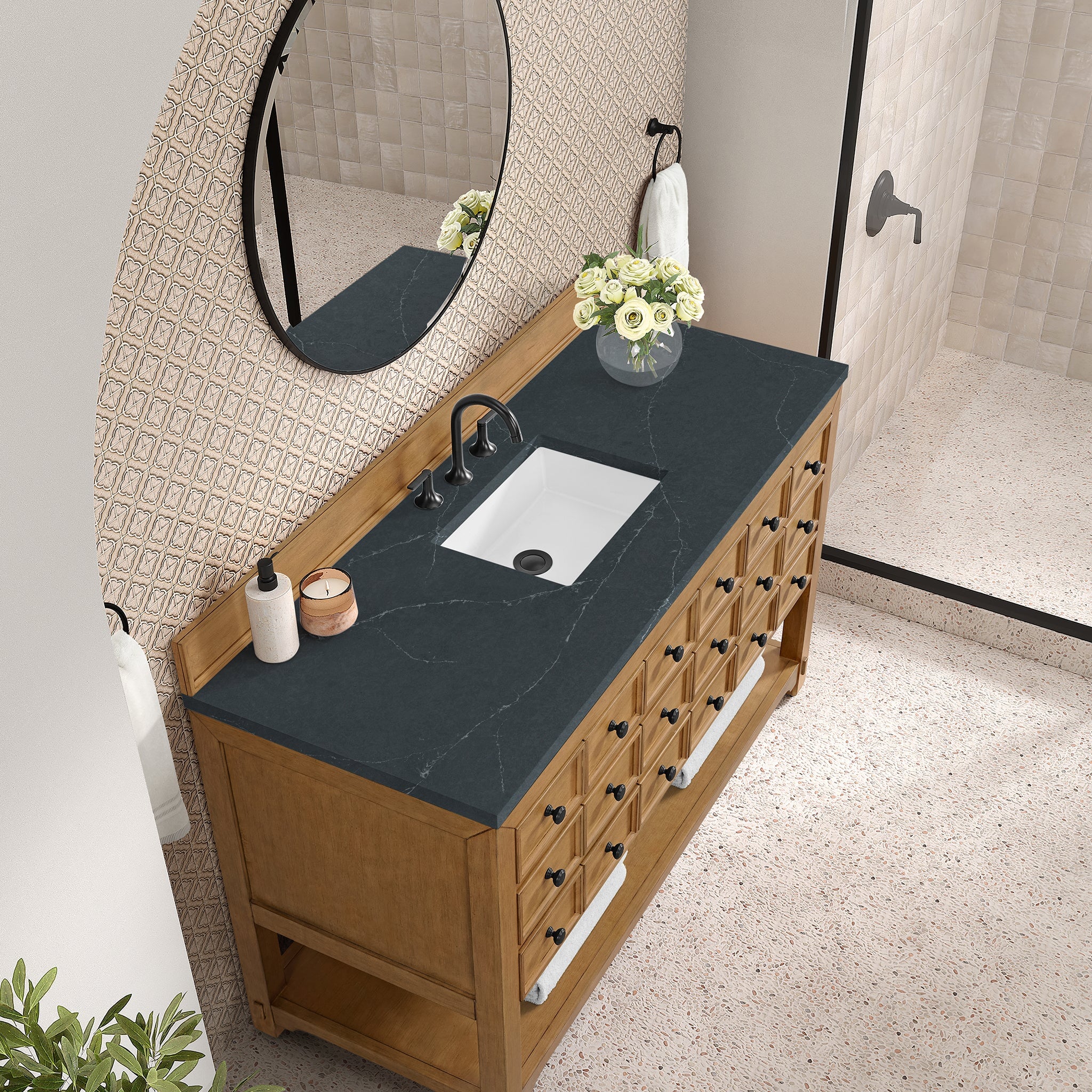 James Martin Malibu 60" Single Bathroom Vanity, Amber Birch with Charcoal Soapstone countertop