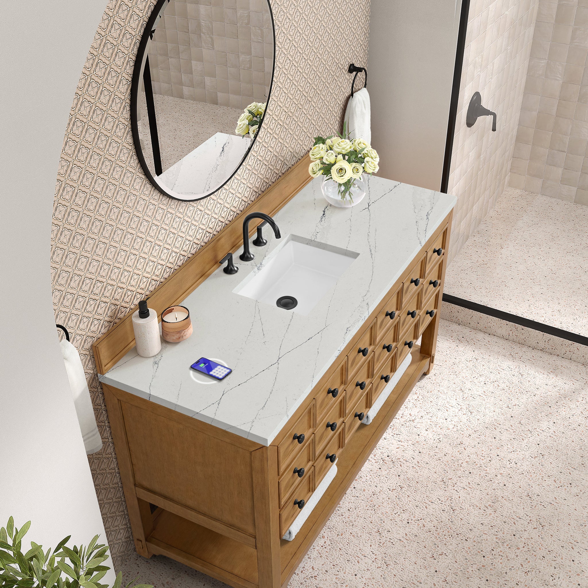 James Martin Malibu 60" Single Bathroom Vanity, Amber Birch with Ethereal Noctis (FreePower) countertop