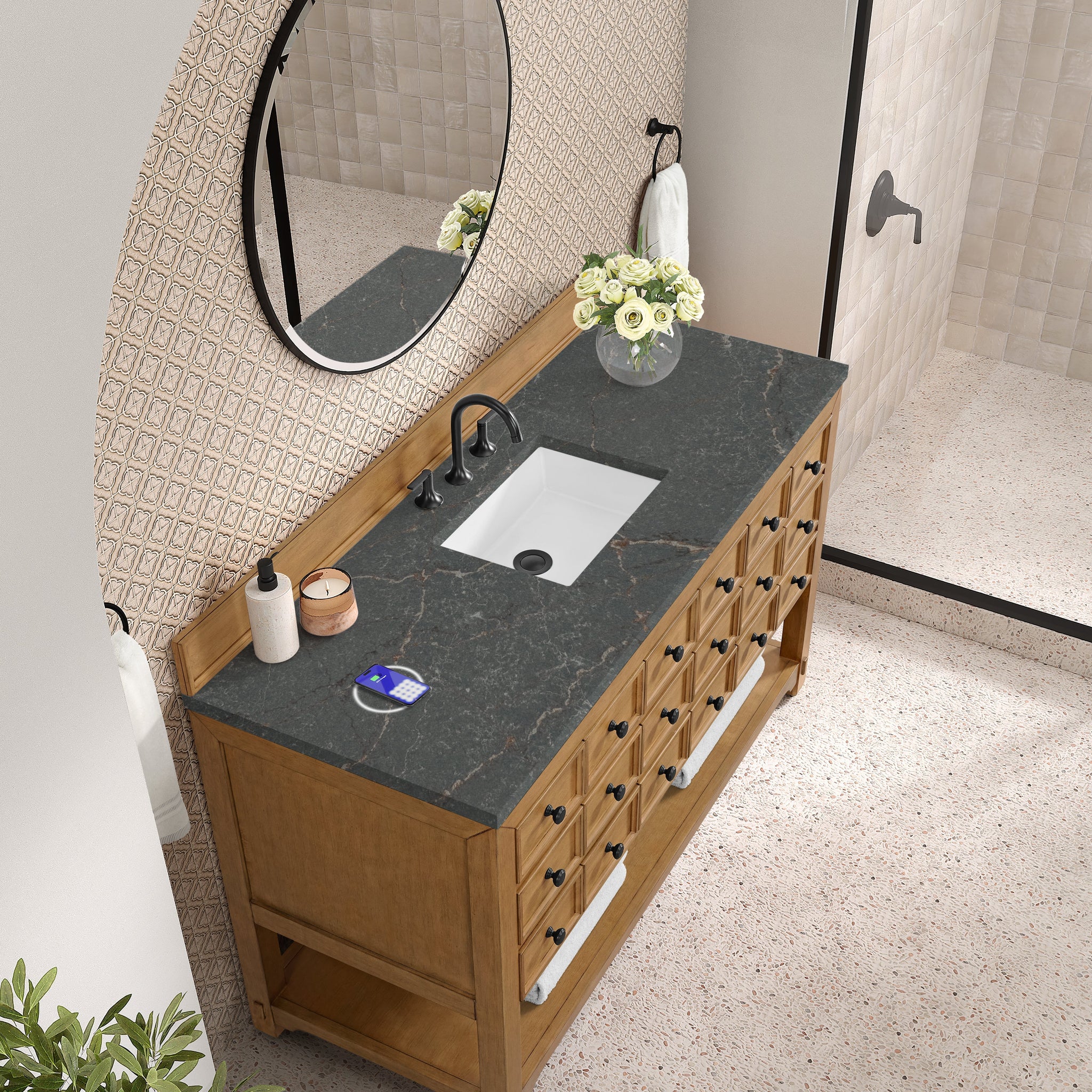 James Martin Malibu 60" Single Bathroom Vanity, Amber Birch with Parisien Bleu (FreePower) countertop