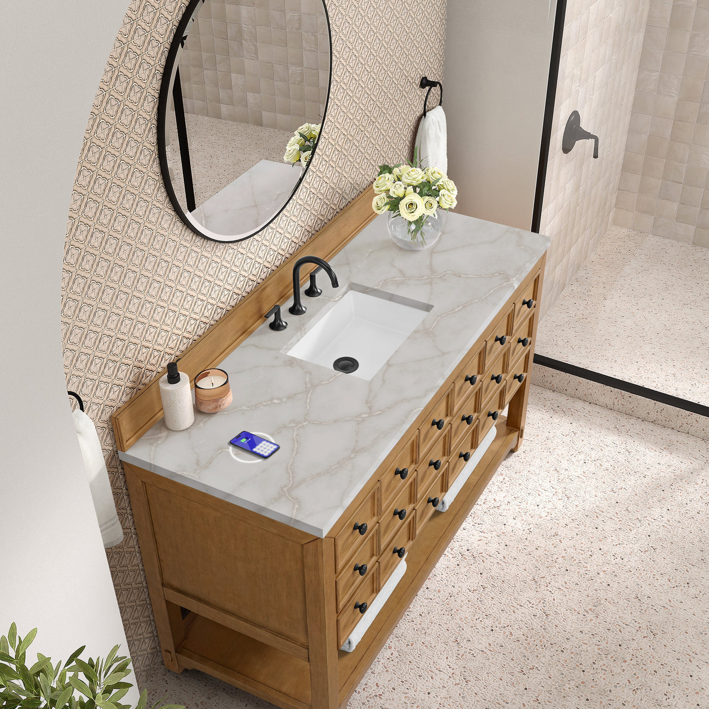 James Martin Malibu 60" Single Bathroom Vanity, Amber Birch with Victorian Silver (FreePower) countertop