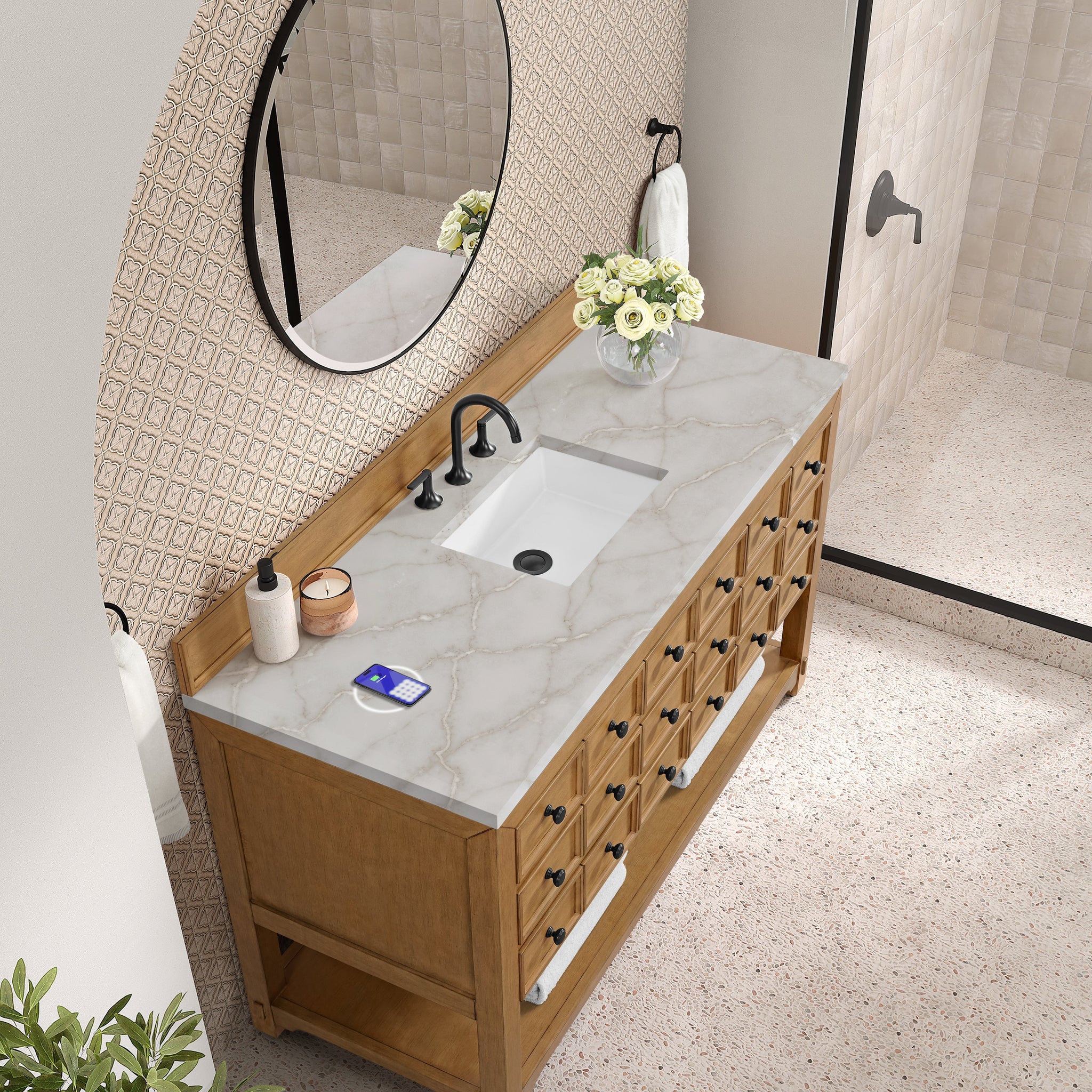 James Martin Malibu 60" Single Bathroom Vanity, Amber Birch with Victorian Silver (FreePower) countertop