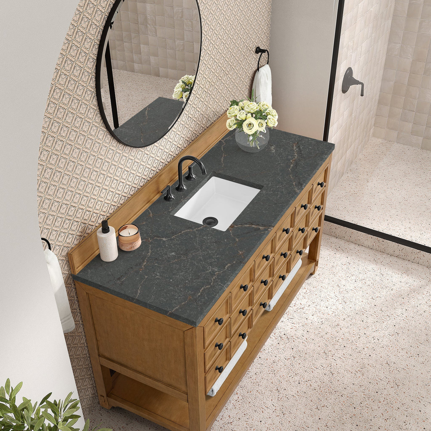James Martin Malibu 60" Single Bathroom Vanity, Amber Birch with Parisien Bleu countertop