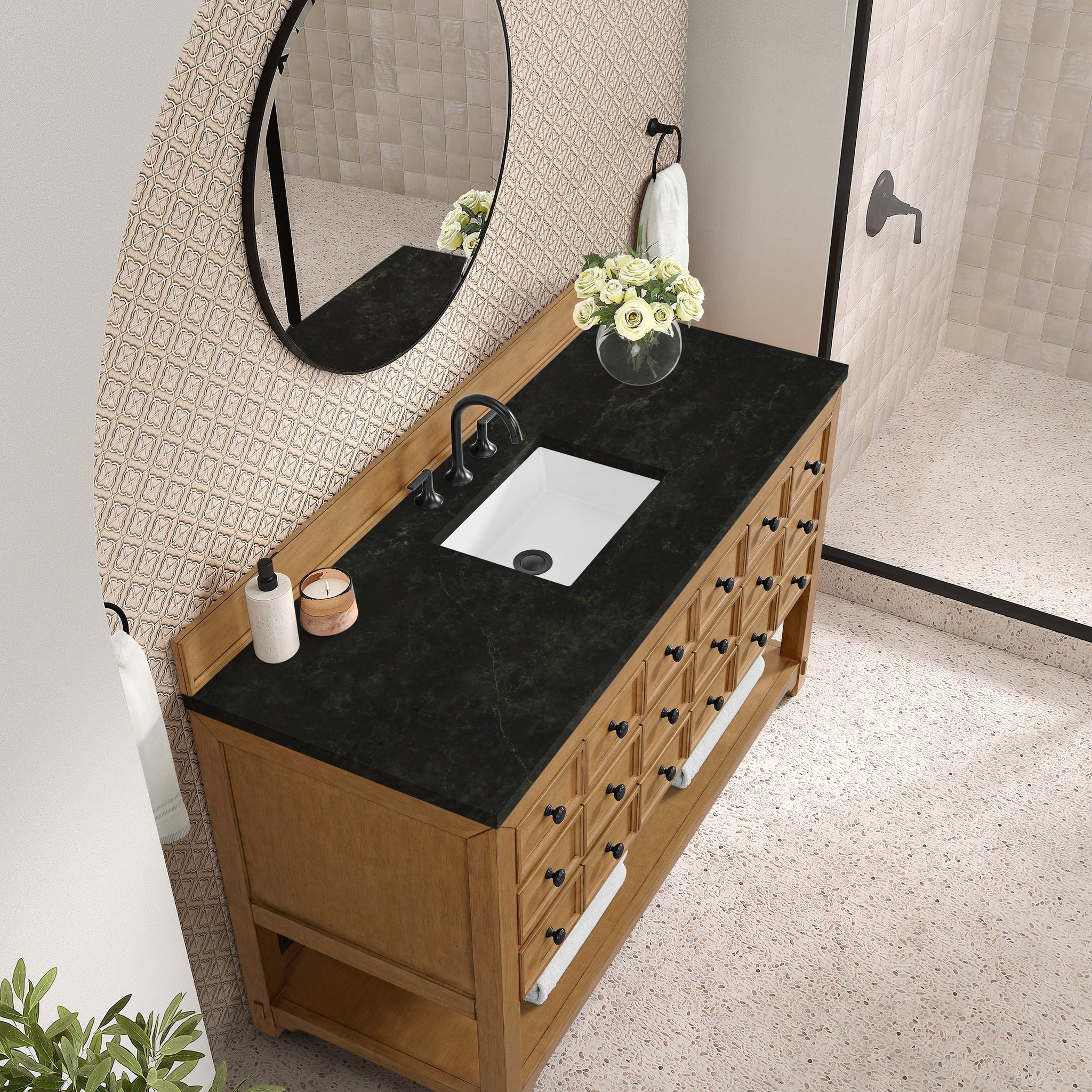 James Martin Malibu 60" Single Bathroom Vanity, Amber Birch with Phantome countertop