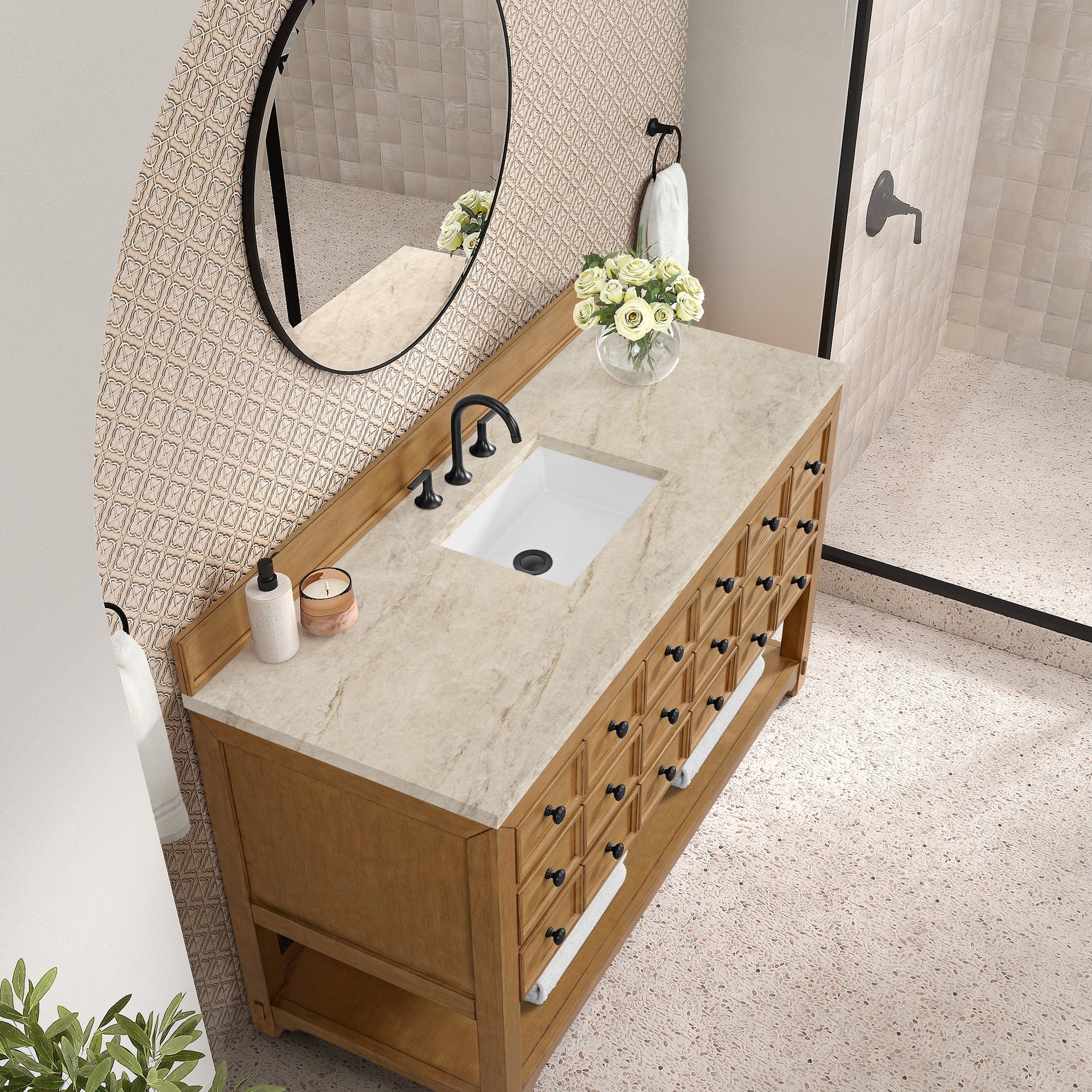 James Martin Malibu 60" Single Bathroom Vanity, Amber Birch with Tajnar countertop