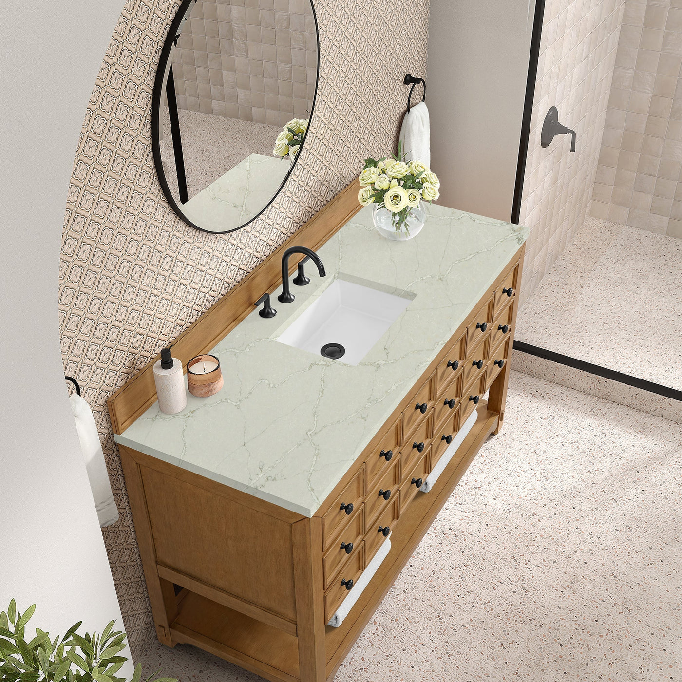 James Martin Malibu 60" Single Bathroom Vanity, Amber Birch with Victorian Silver countertop