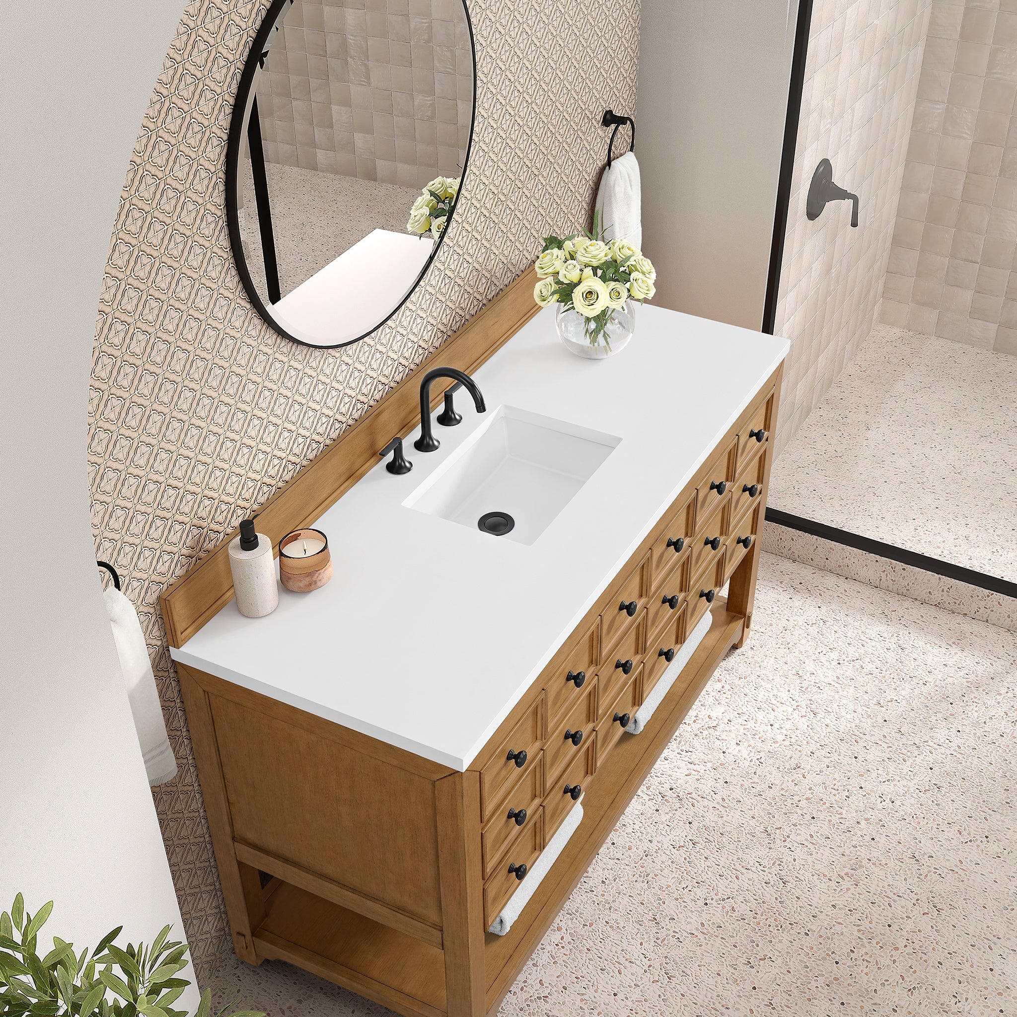 James Martin Malibu 60" Single Bathroom Vanity, Amber Birch with White Zeus countertop
