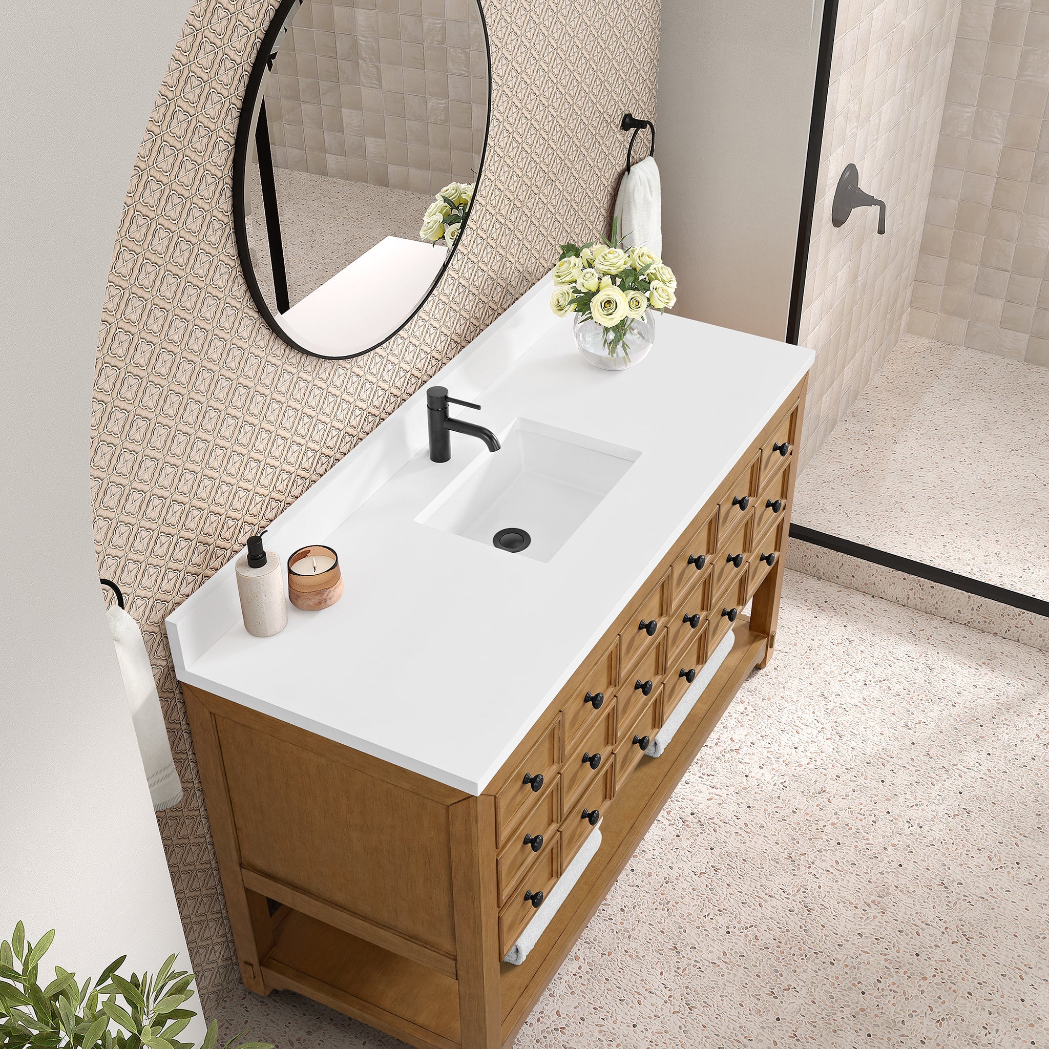 James Martin Malibu 60" Single Bathroom Vanity, Amber Birch with White Zeus (Single Hole, with Backsplash) countertop