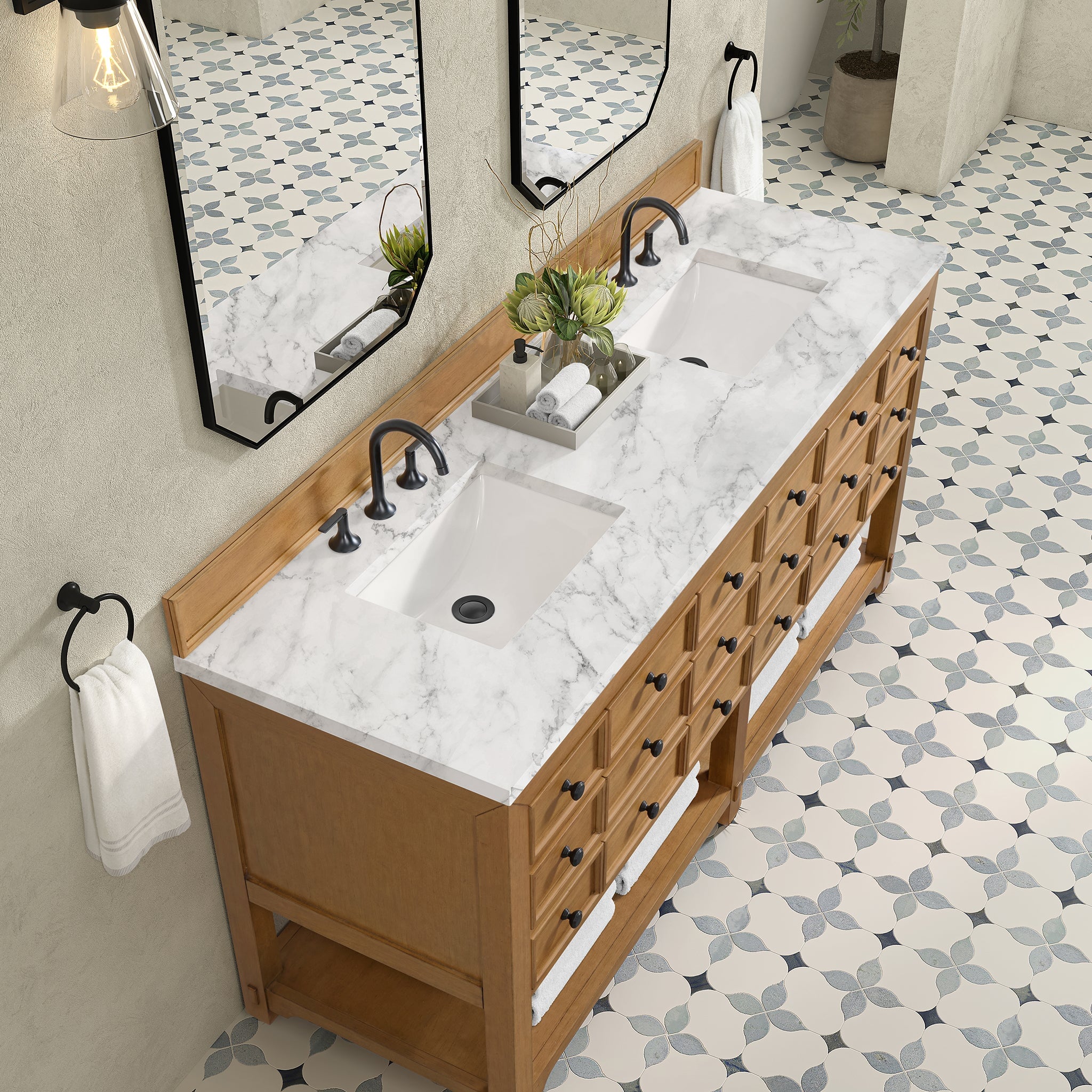 James Martin Malibu 72" Double Bathroom Vanity, Amber Birch with Carrara White countertop