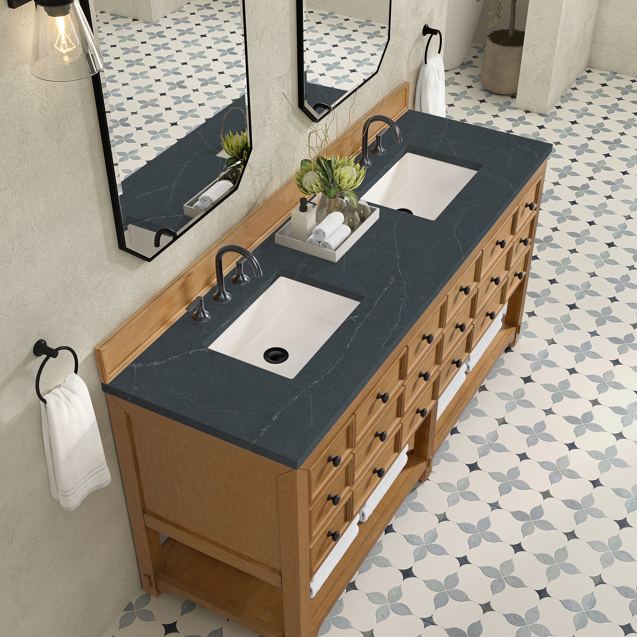 James Martin Malibu 72" Double Bathroom Vanity, Amber Birch with Charcoal Soapstone countertop