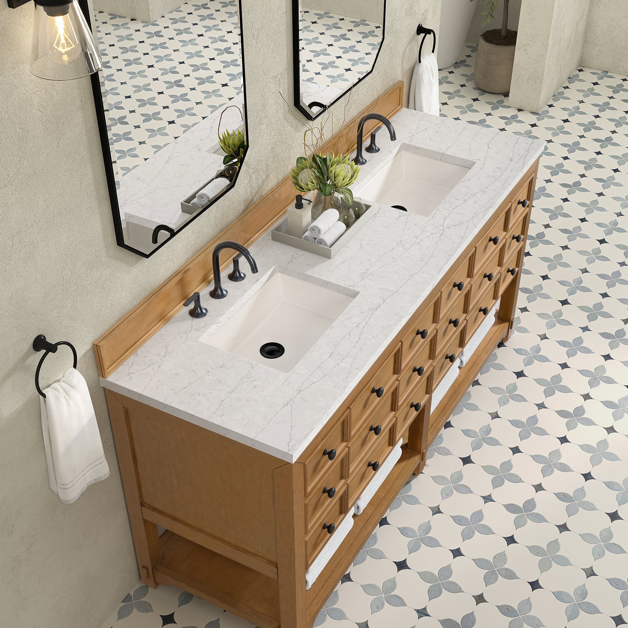 James Martin Malibu 72" Double Bathroom Vanity, Amber Birch with Eternal Jasmine Pearl countertop