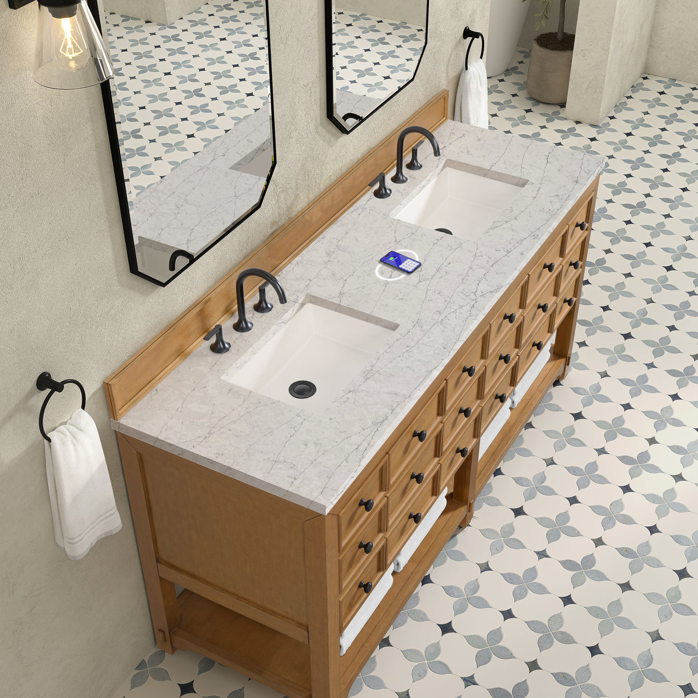 James Martin Malibu 72" Double Bathroom Vanity, Amber Birch with Eternal Jasmine Pearl (FreePower) countertop