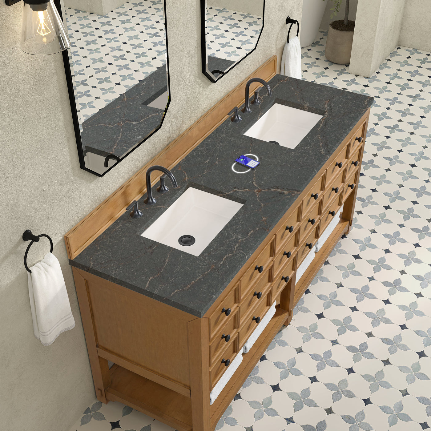 James Martin Malibu 72" Double Bathroom Vanity, Amber Birch with Parisien Bleu (FreePower) countertop