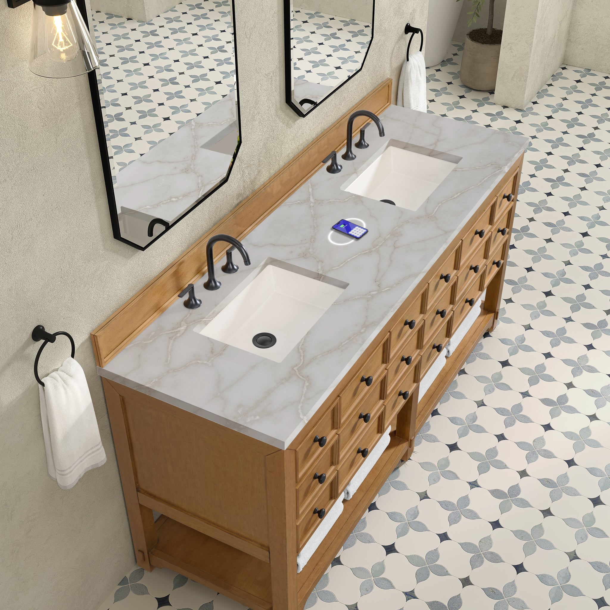 James Martin Malibu 72" Double Bathroom Vanity, Amber Birch with Victorian Silver (FreePower) countertop
