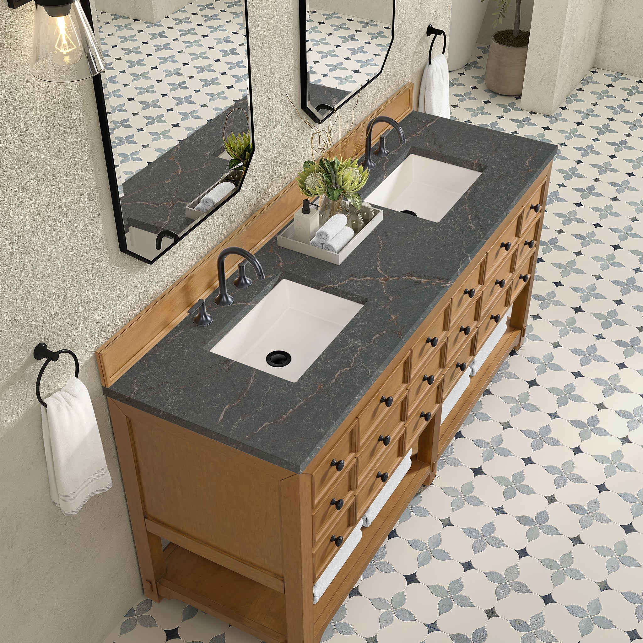 James Martin Malibu 72" Double Bathroom Vanity, Amber Birch with Parisien Bleu countertop