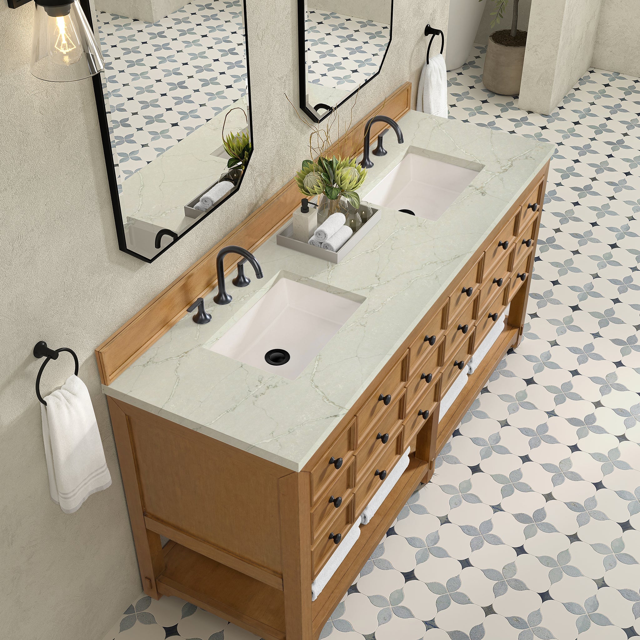 James Martin Malibu 72" Double Bathroom Vanity, Amber Birch with Victorian Silver countertop