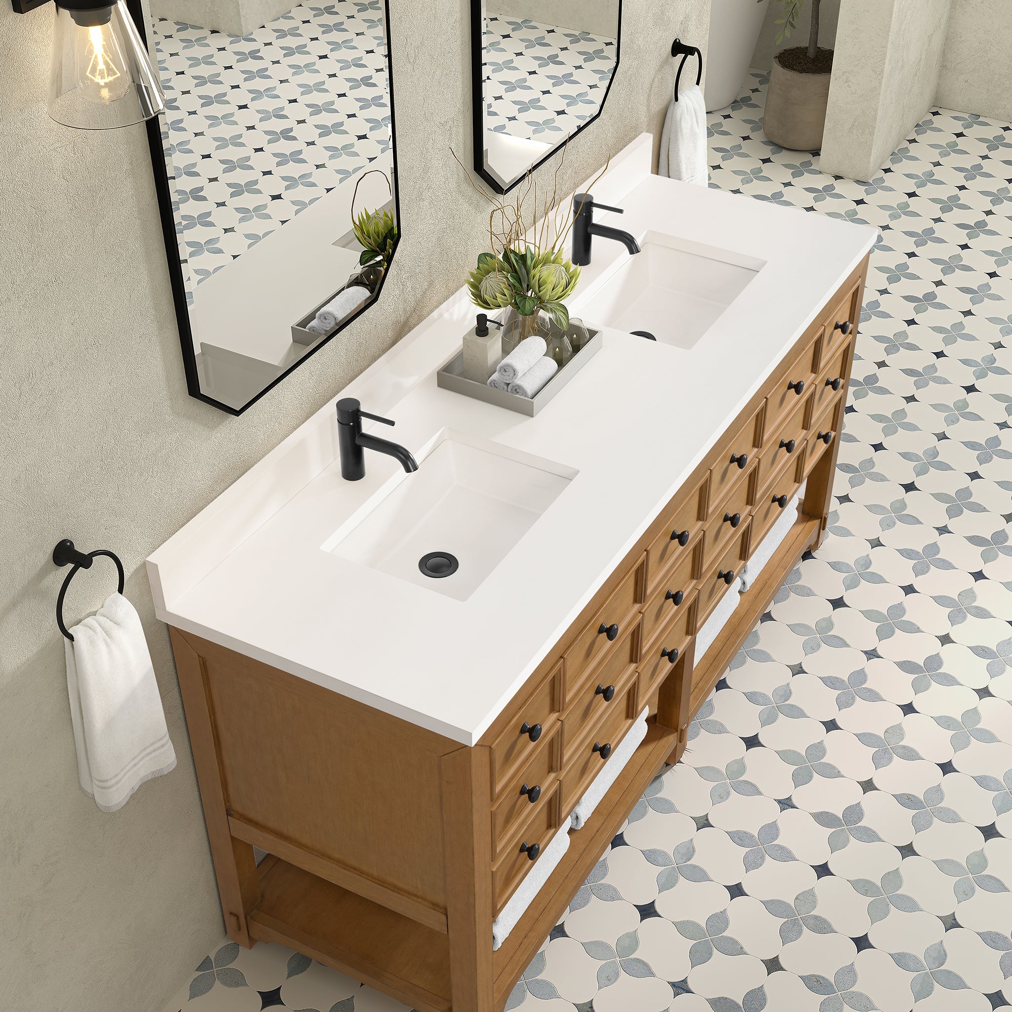 James Martin Malibu 72" Double Bathroom Vanity, Amber Birch with White Zeus (Single Hole, with Backsplash) countertop