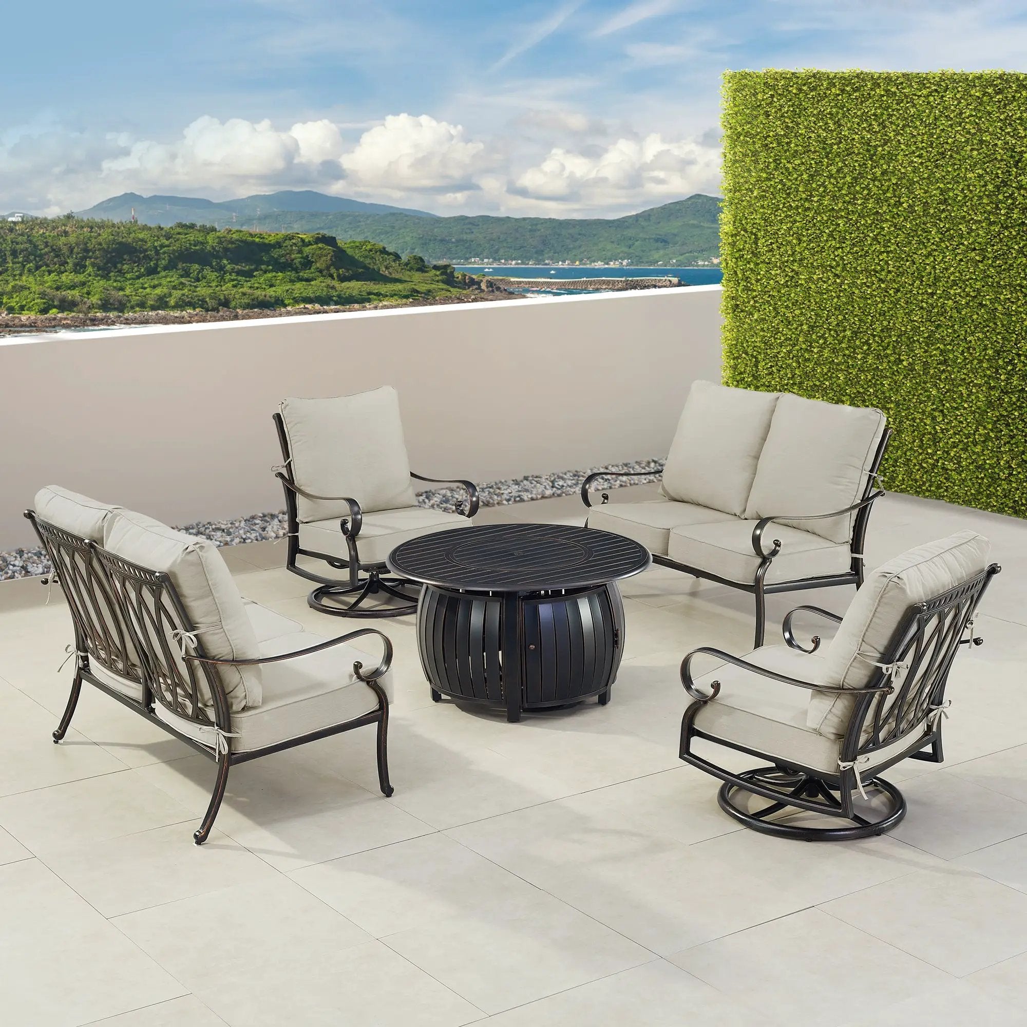 Black Aluminum Fire Table Set with Two Loveseats and Two Club Chairs by Sharicks