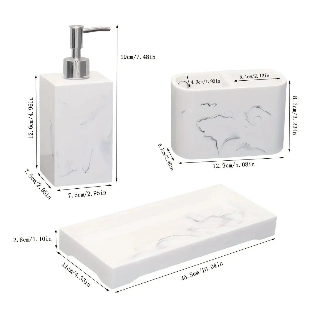 Marble Look Bathroom Accessory Set, 3pcs Includes Soap Dispenser, Toothbrush Holder, and Tray for Home, Restroom, Apartment Decor - Other Material by House Of Avana