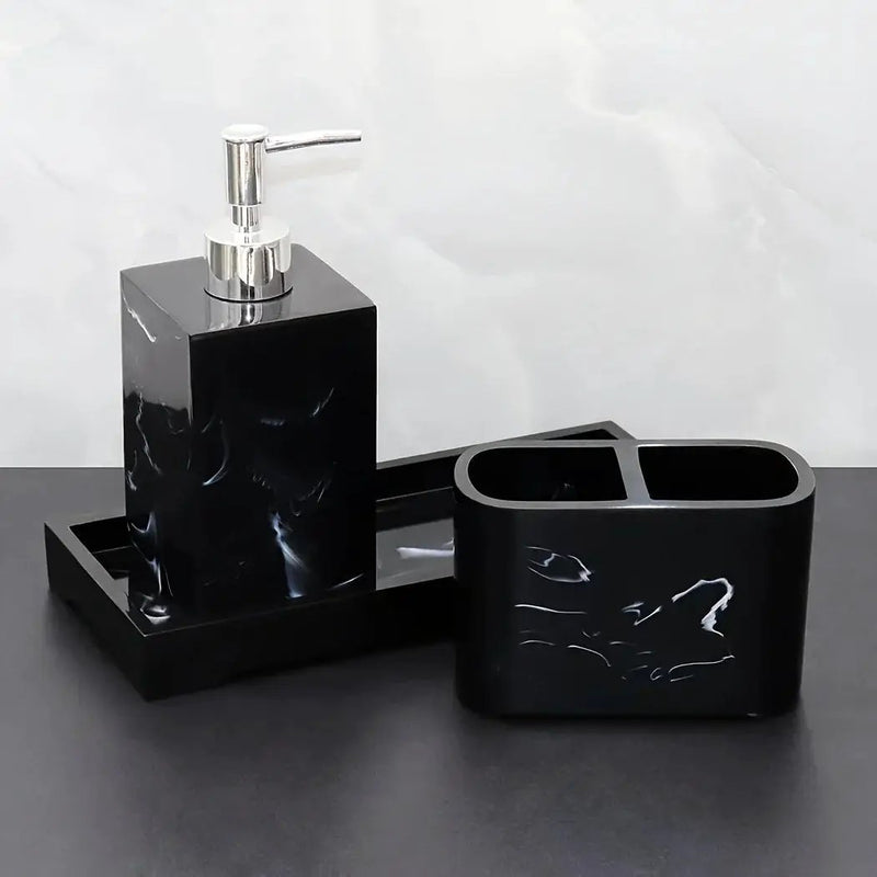 Marble Look Bathroom Accessory Set, 3pcs Includes Soap Dispenser, Toothbrush Holder, and Tray for Home, Restroom, Apartment Decor - Other Material by House Of Avana