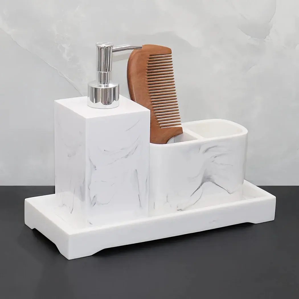 Marble Look Bathroom Accessory Set, 3pcs Includes Soap Dispenser, Toothbrush Holder, and Tray for Home, Restroom, Apartment Decor - Other Material by House Of Avana