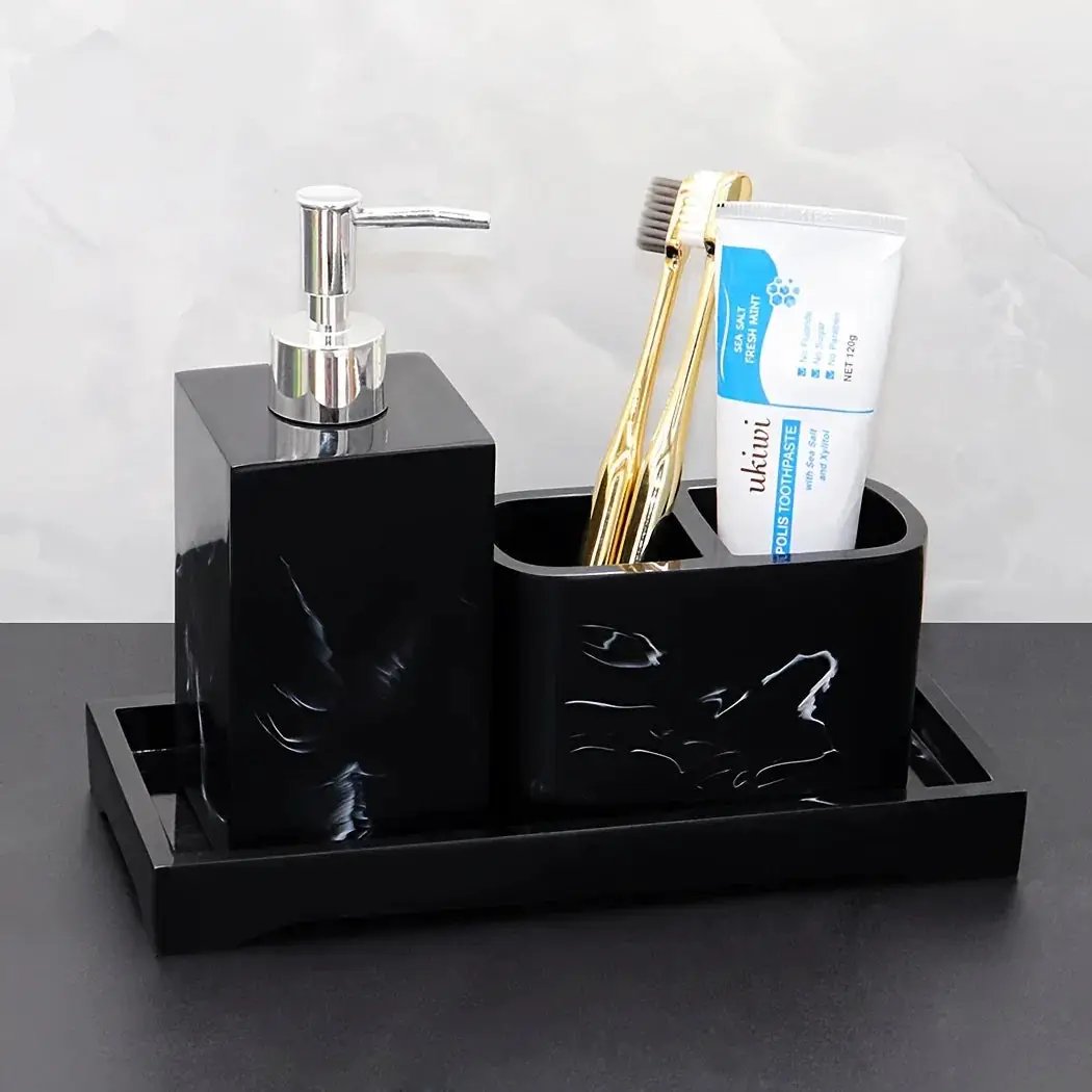 Marble Look Bathroom Accessory Set, 3pcs Includes Soap Dispenser, Toothbrush Holder, and Tray for Home, Restroom, Apartment Decor - Other Material by House Of Avana