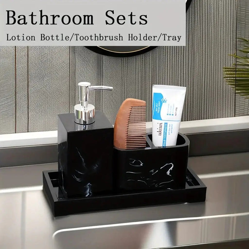 Marble Look Bathroom Accessory Set, 3pcs Includes Soap Dispenser, Toothbrush Holder, and Tray for Home, Restroom, Apartment Decor - Other Material by House Of Avana