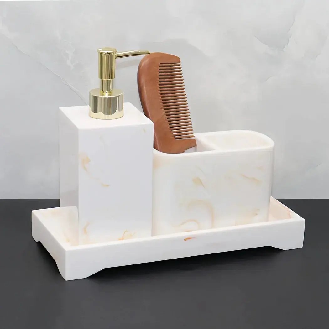 Marble Look Bathroom Accessory Set, 3pcs Includes Soap Dispenser, Toothbrush Holder, and Tray for Home, Restroom, Apartment Decor - Other Material by House Of Avana