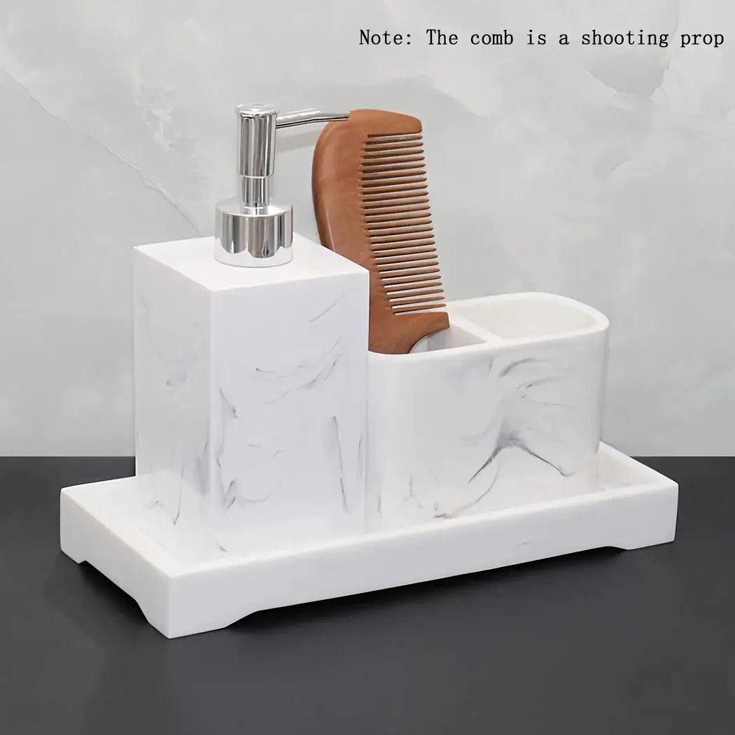 Marble Look Bathroom Accessory Set, 3pcs Includes Soap Dispenser, Toothbrush Holder, and Tray for Home, Restroom, Apartment Decor - Other Material by House Of Avana