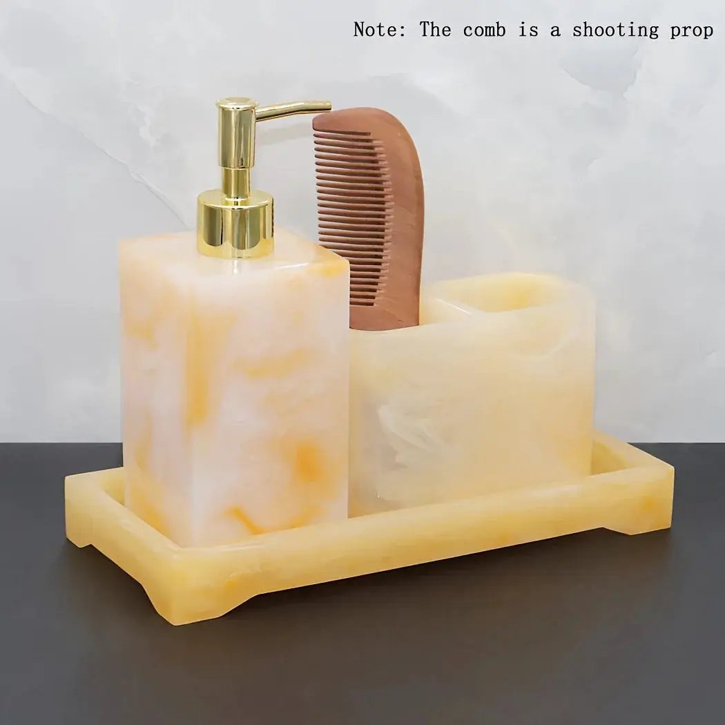 Marble Look Bathroom Accessory Set, 3pcs Includes Soap Dispenser, Toothbrush Holder, and Tray for Home, Restroom, Apartment Decor - Other Material by House Of Avana