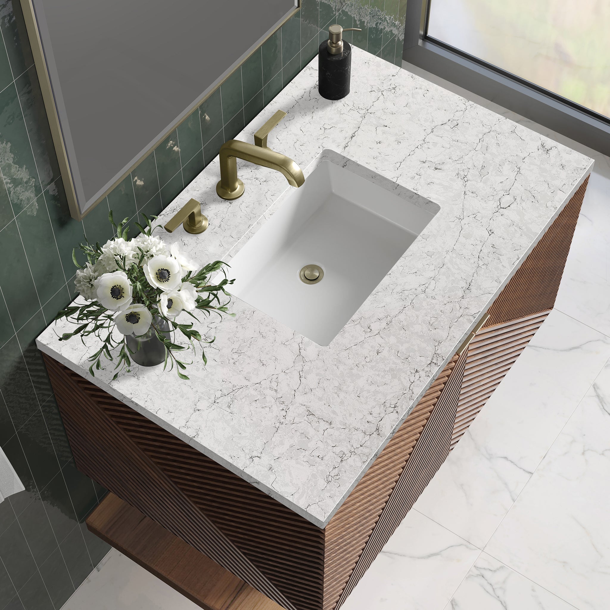 James Martin Marcello 36" Floating Single Bathroom Vanity, Chestnut with Eternal Jasmine Pearl countertop