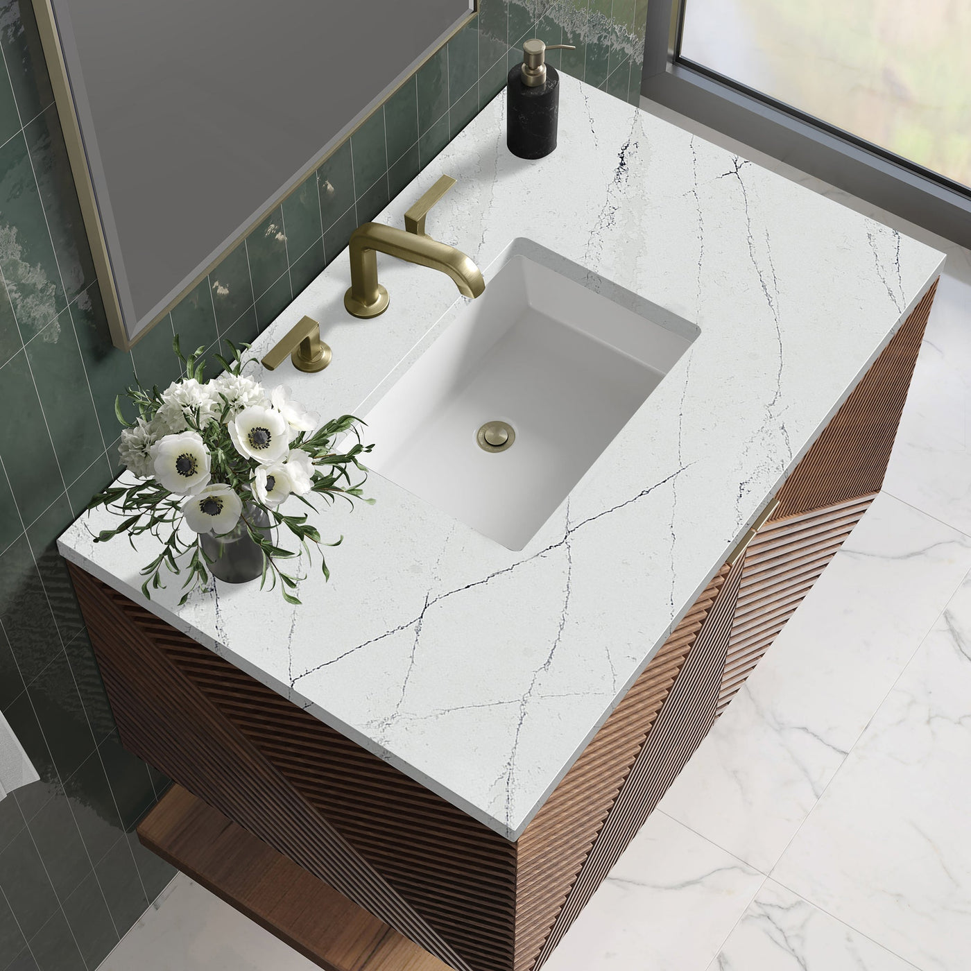 James Martin Marcello 36" Floating Single Bathroom Vanity, Chestnut with Ethereal Noctis countertop