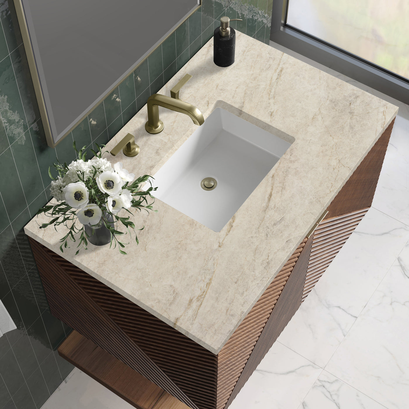 James Martin Marcello 36" Floating Single Bathroom Vanity, Chestnut with Tajnar countertop